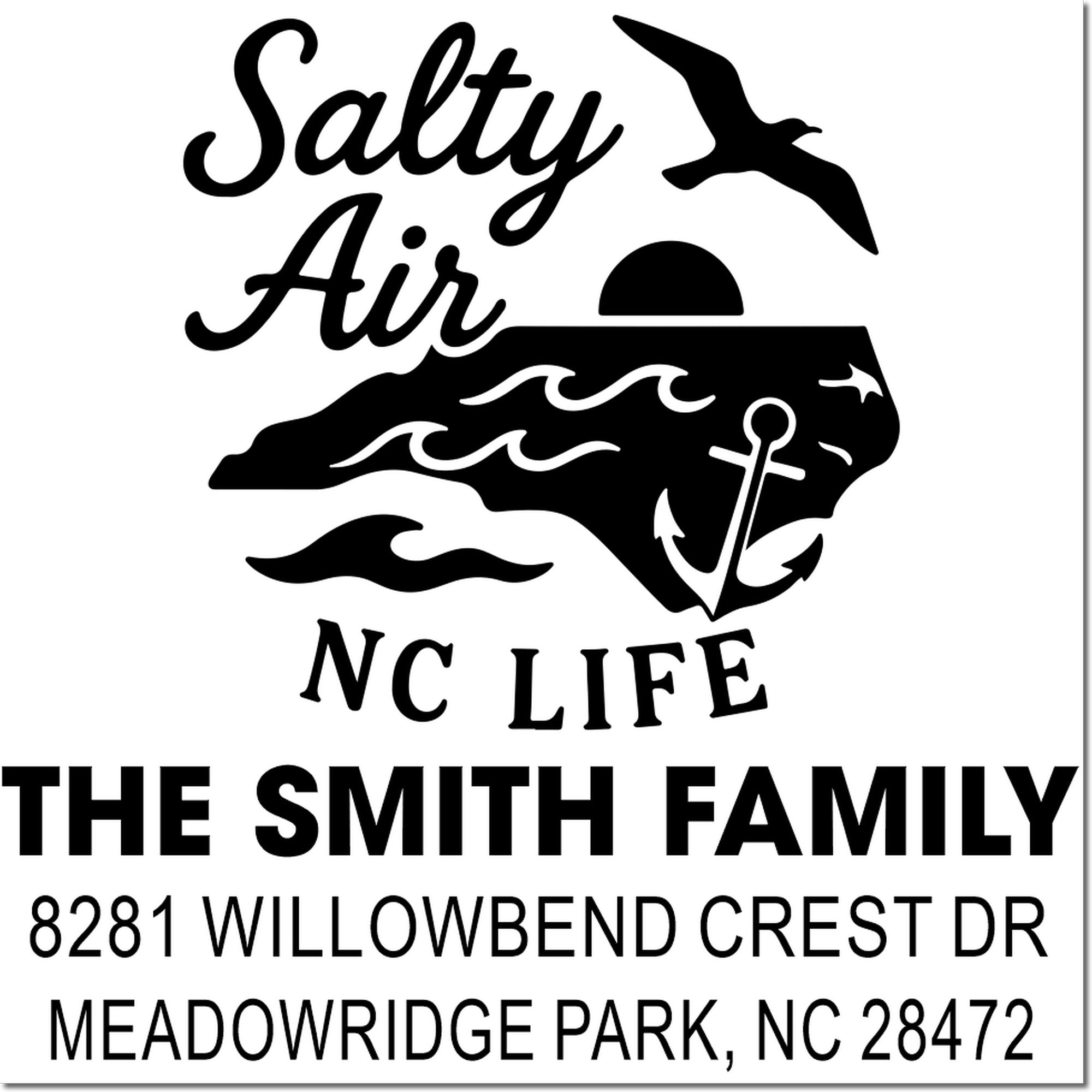 Personalized North Carolina coastal return address rubber stamp with Salty Air NC Life, anchor, waves, and family name.