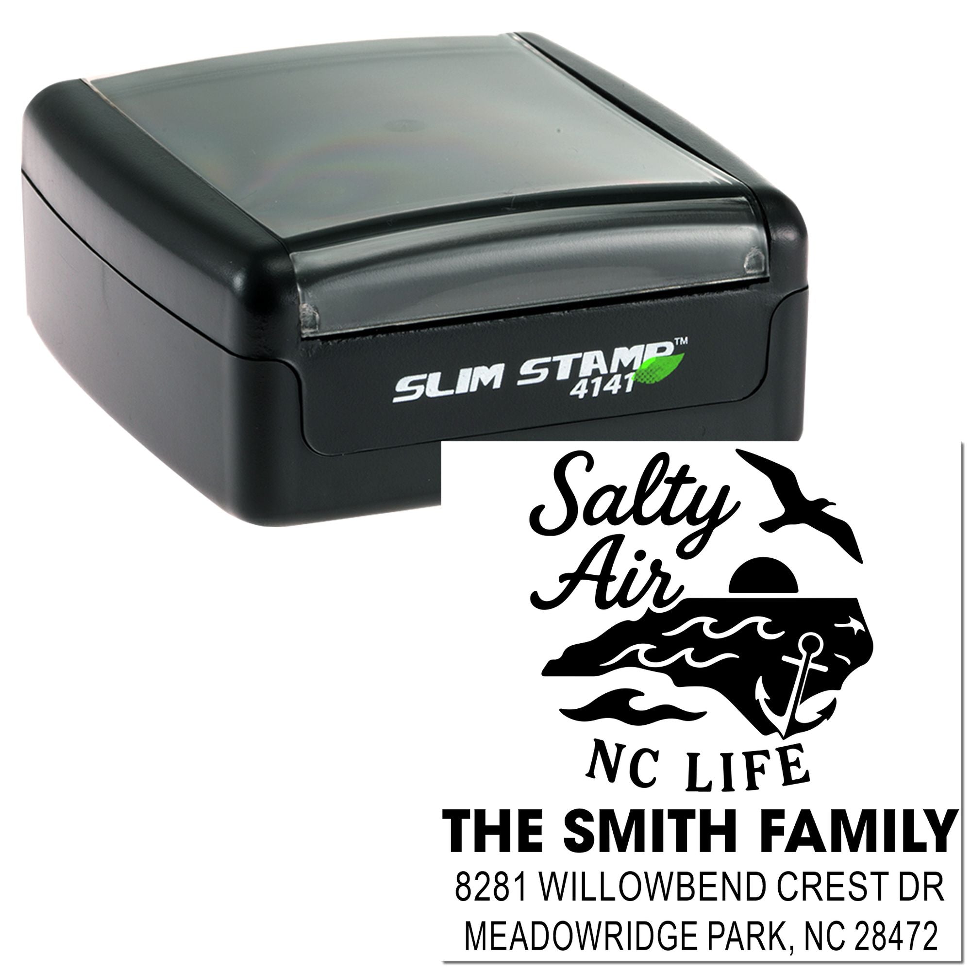 Custom self-inking Slim Stamp rubber stamp with nautical family address imprint reading Salty Air NC Life and The Smith Family.