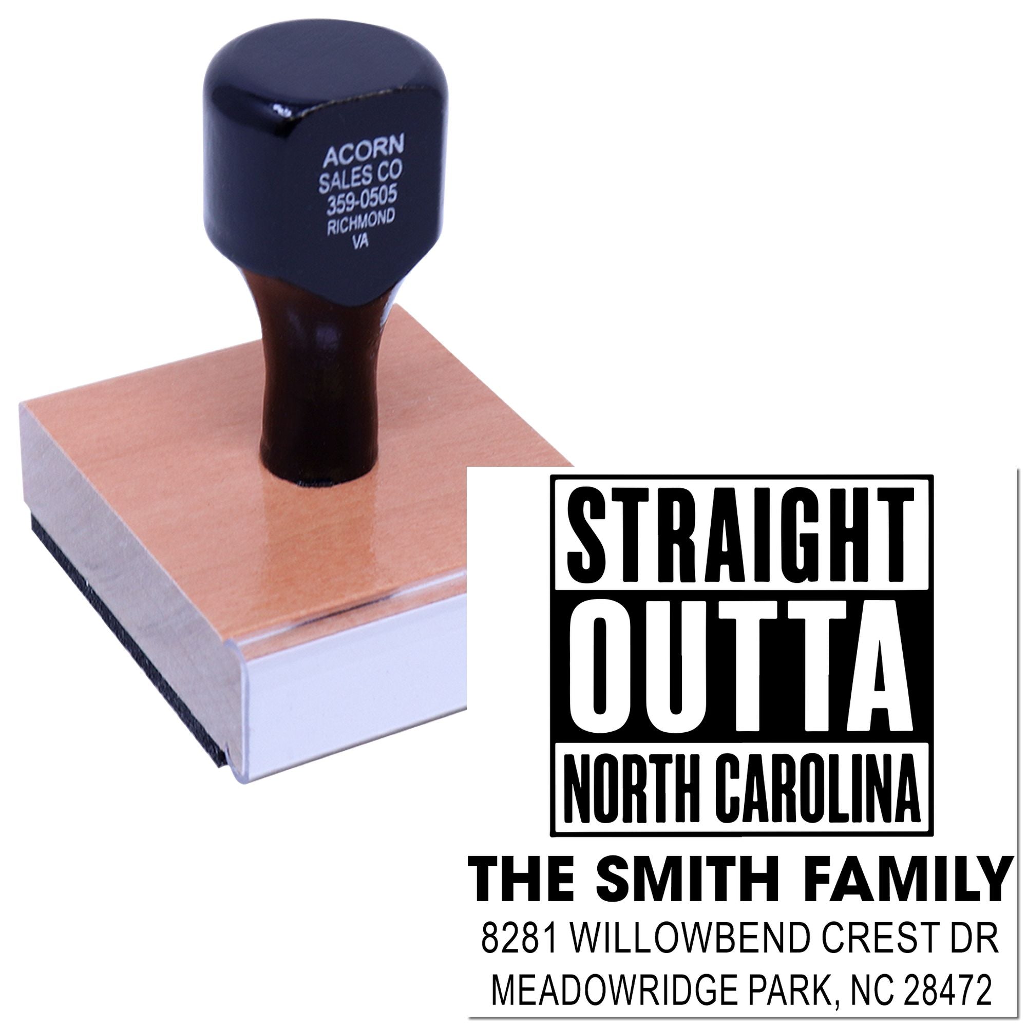 Personalized custom rubber stamp for business address and family mailing, featuring a straight outta North Carolina design.