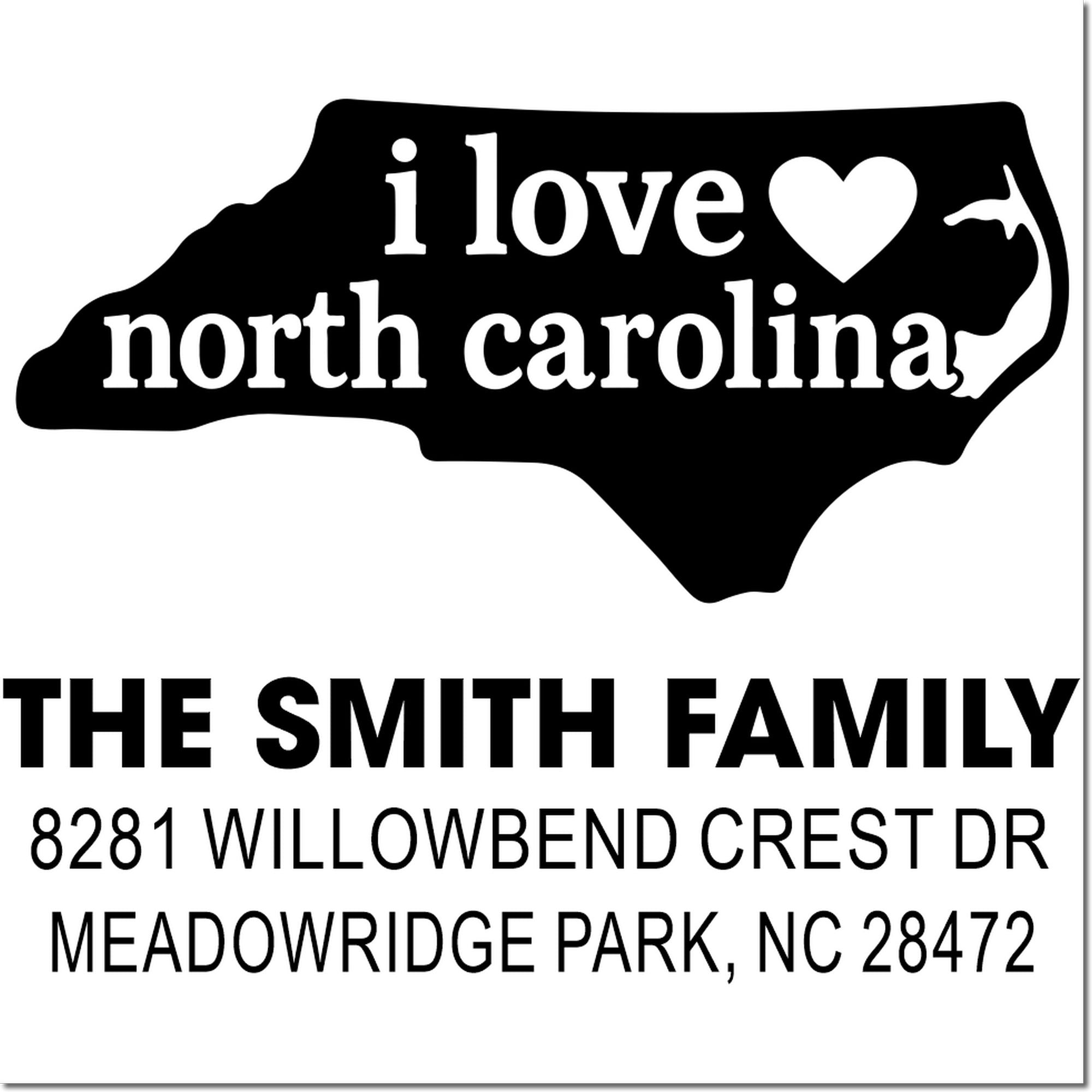 Custom North Carolina family address rubber stamp with I love NC design and The Smith Family return address.