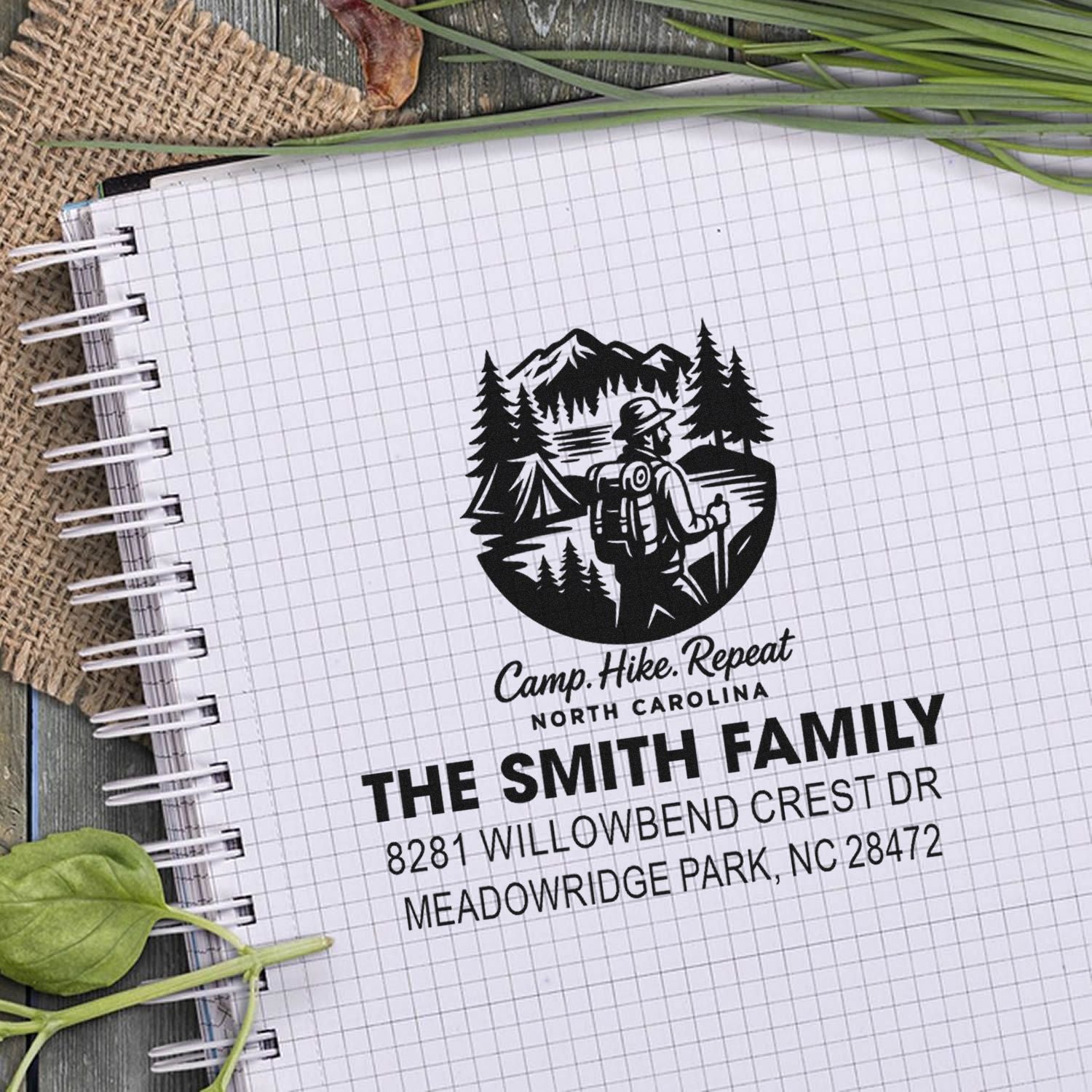 Custom return address rubber stamp with camping and hiking logo, ideal for outdoor-loving North Carolina families.