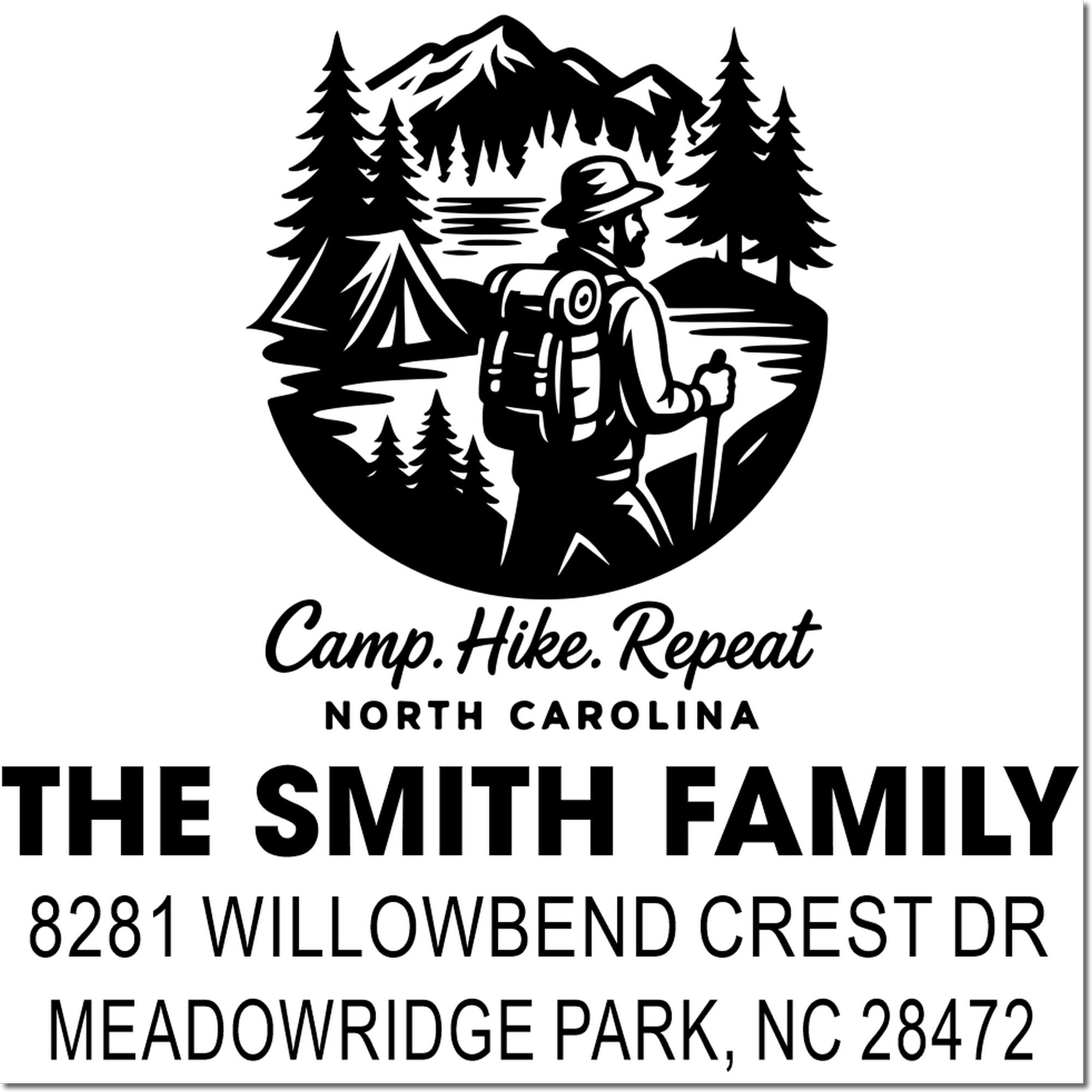 Custom camping family return address rubber stamp with mountain hiker design for The Smith Family in North Carolina.