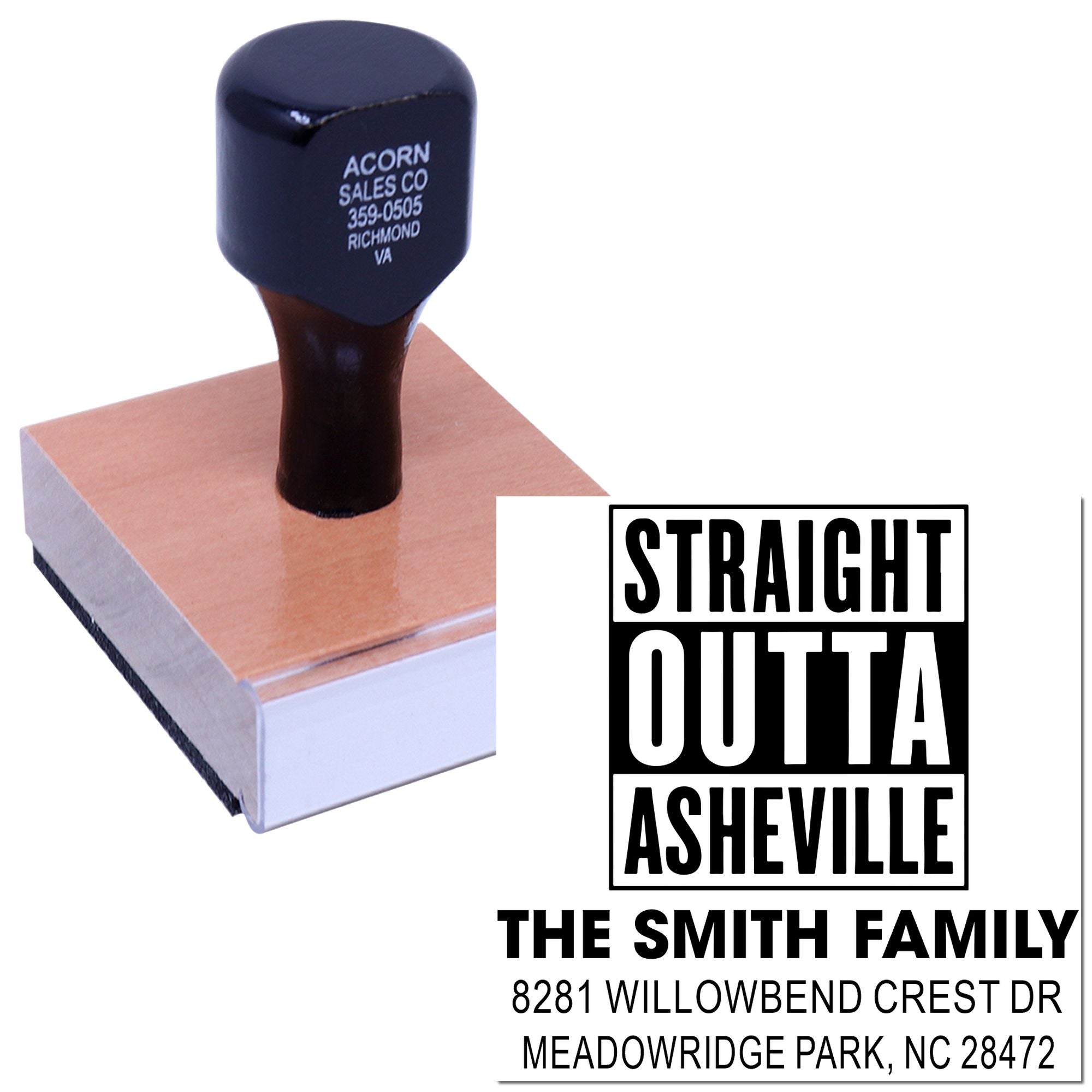 Custom return address rubber stamp with Straight Outta Asheville design for The Smith Family.