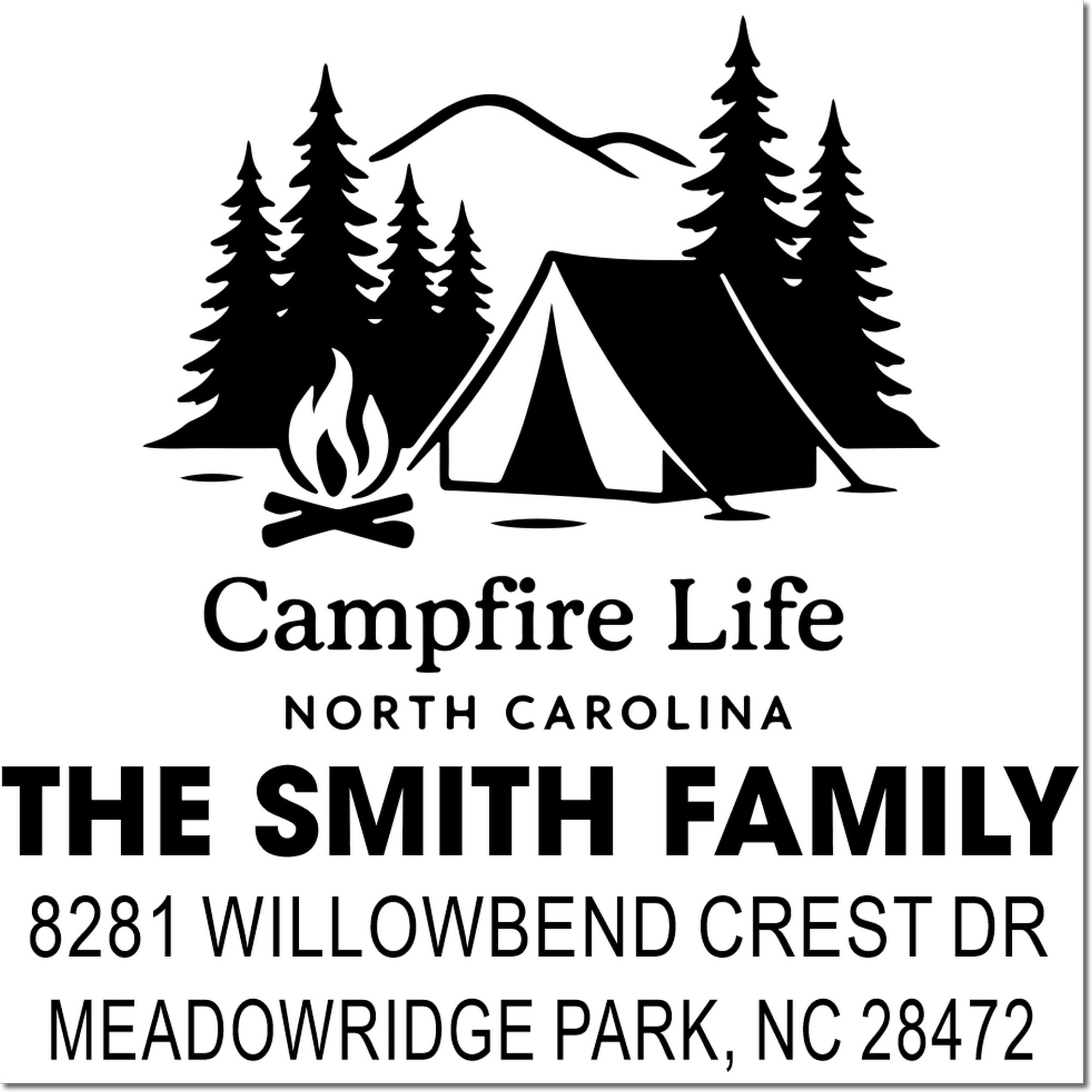 Custom family address stamp with camping scene, Campfire Life, The Smith Family, and North Carolina return address.