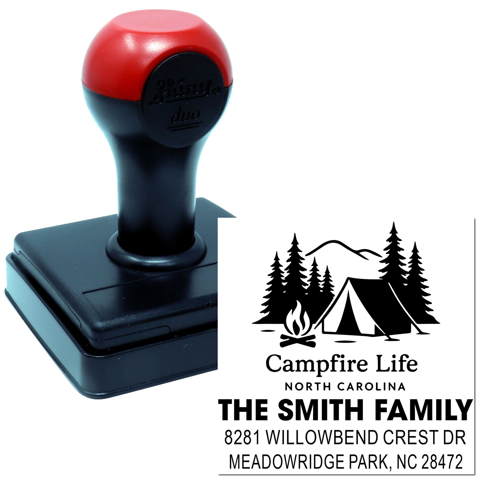 Custom self-inking rubber address stamp with Campfire Life camping design for The Smith Family, North Carolina.