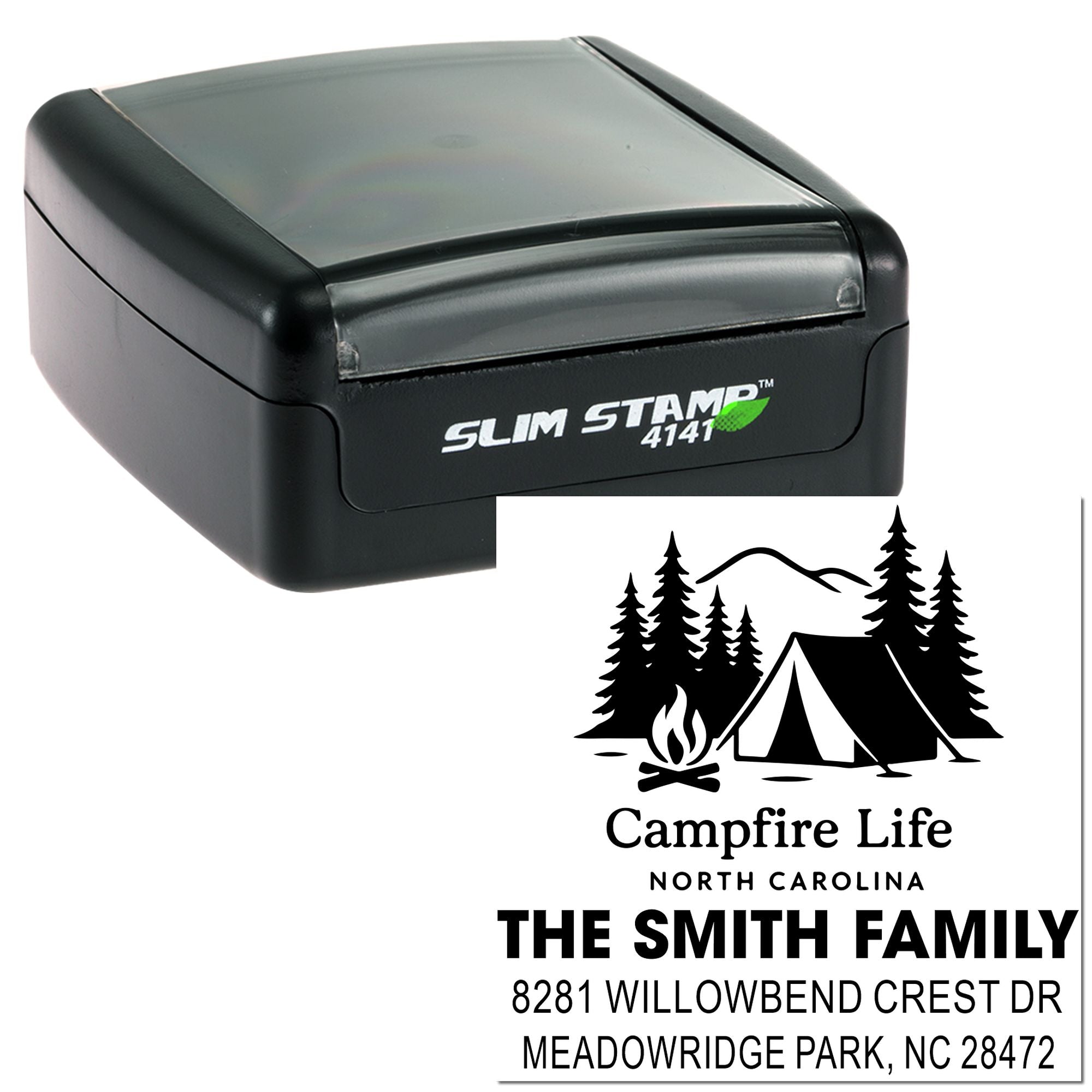 Personalized self-inking rubber stamp with campfire life design and return address for The Smith Family in Meadowridge Park, NC.