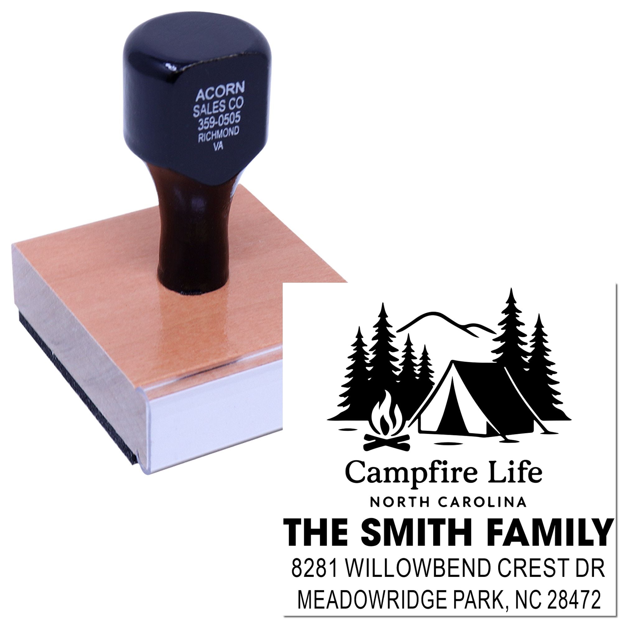 Custom camping address rubber stamp with family name, North Carolina address, and campfire logo for personalized mailings.