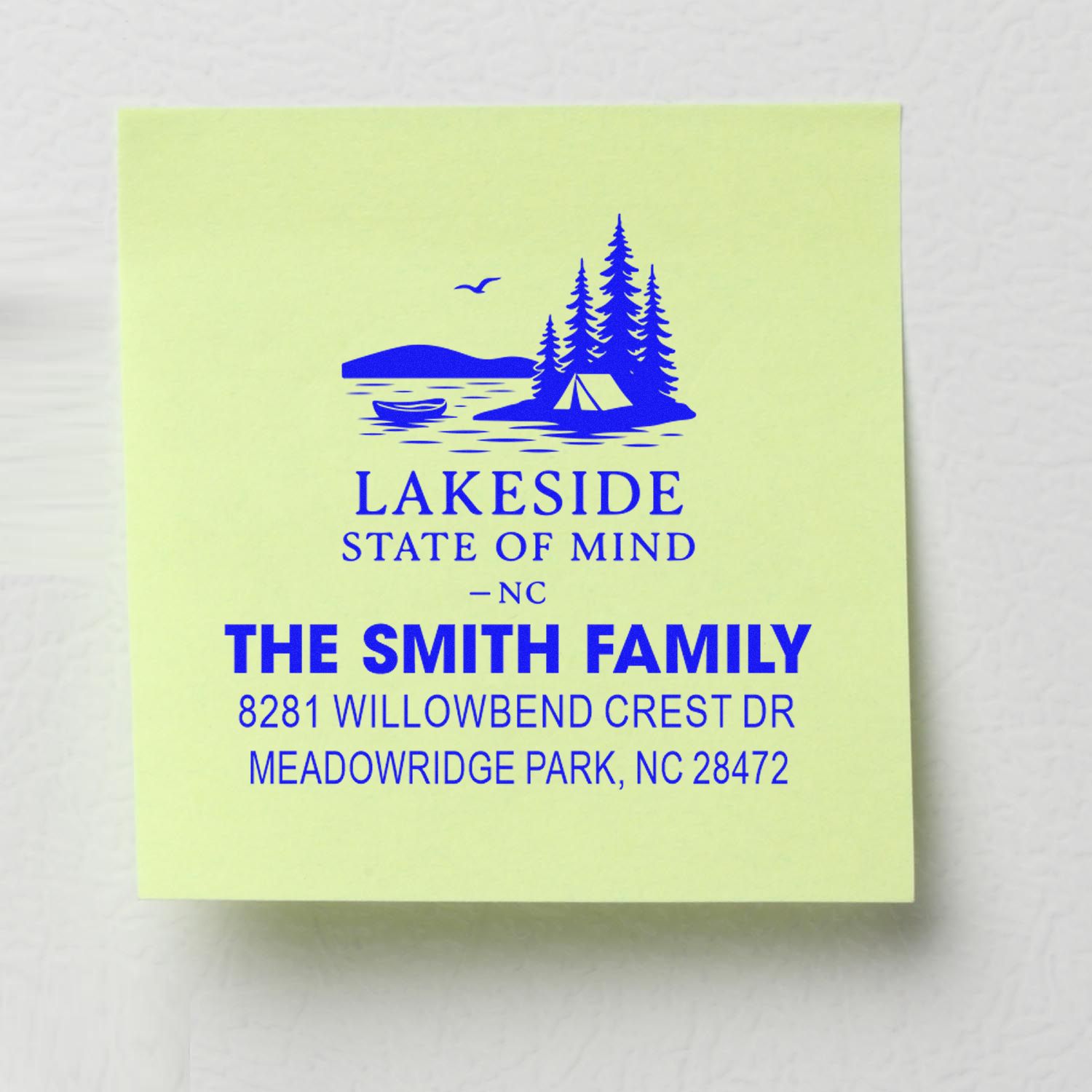 Custom family address rubber stamp with lakeside camping logo for The Smith Family, Meadowridge Park, NC.