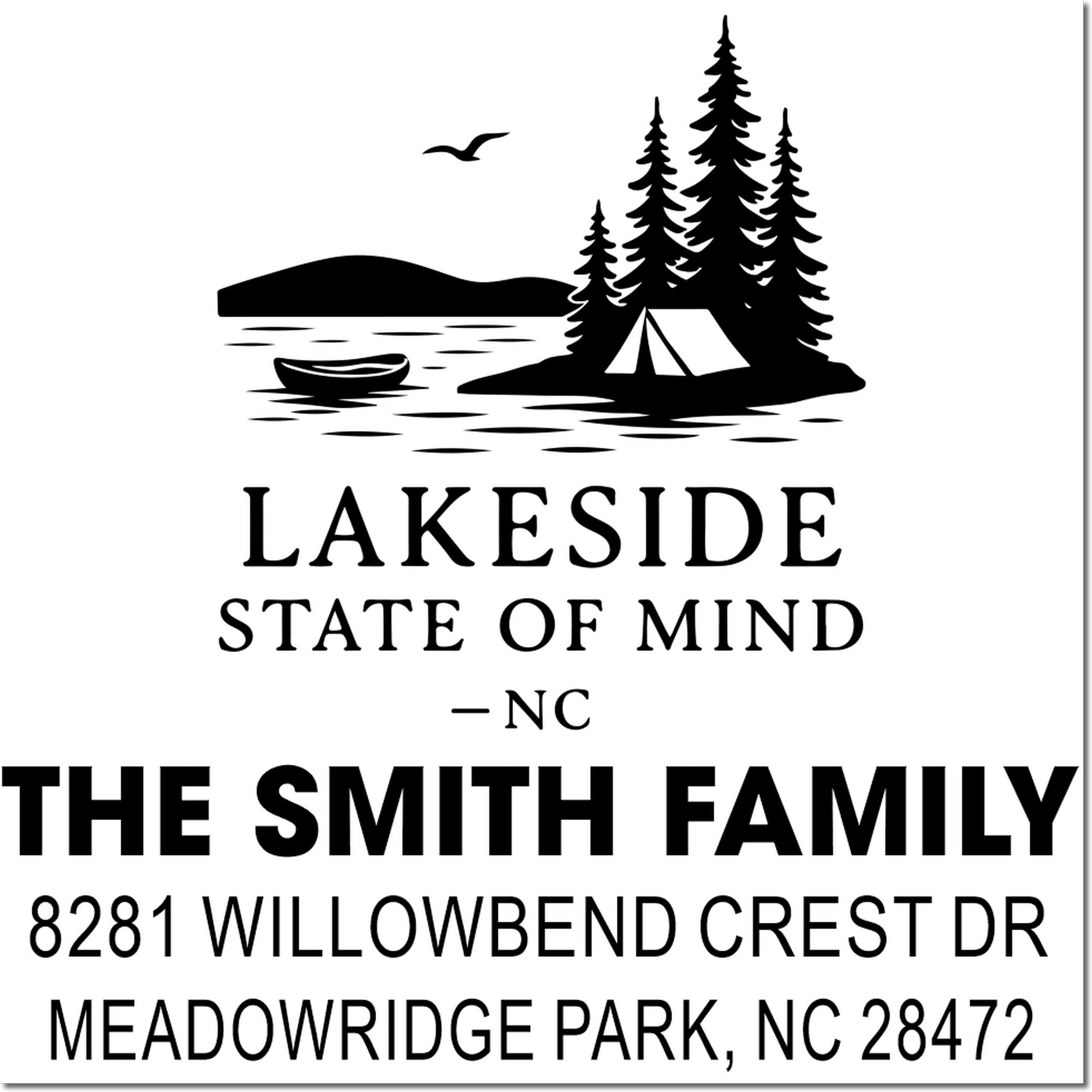 Custom lakeside return address rubber stamp for The Smith Family, Meadowridge Park, NC, with pine tree and canoe design.