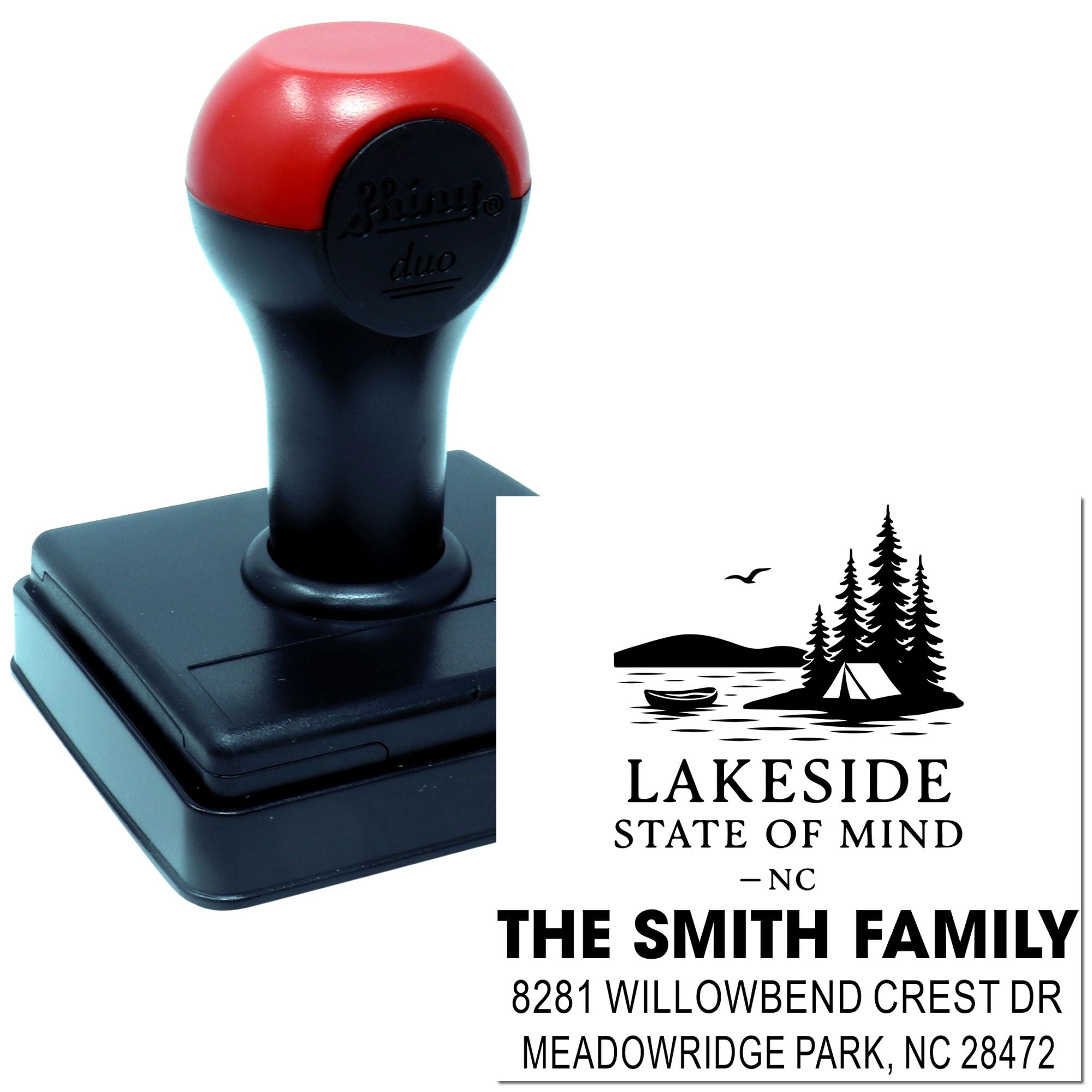 Custom self-inking rubber address stamp with Lakeside State of Mind design for The Smith Family return mail.