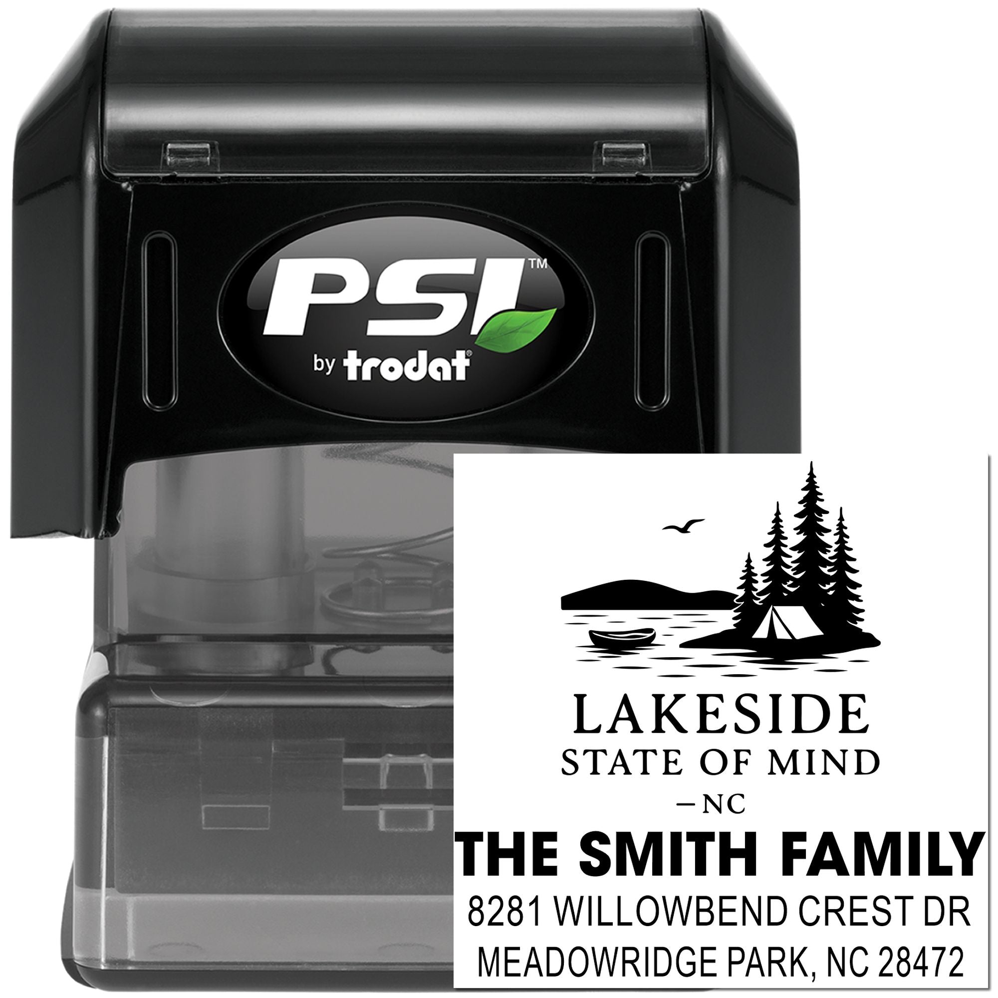 Custom PSI by Trodat self-inking rubber stamp with lakeside family address design for personalized mailing.