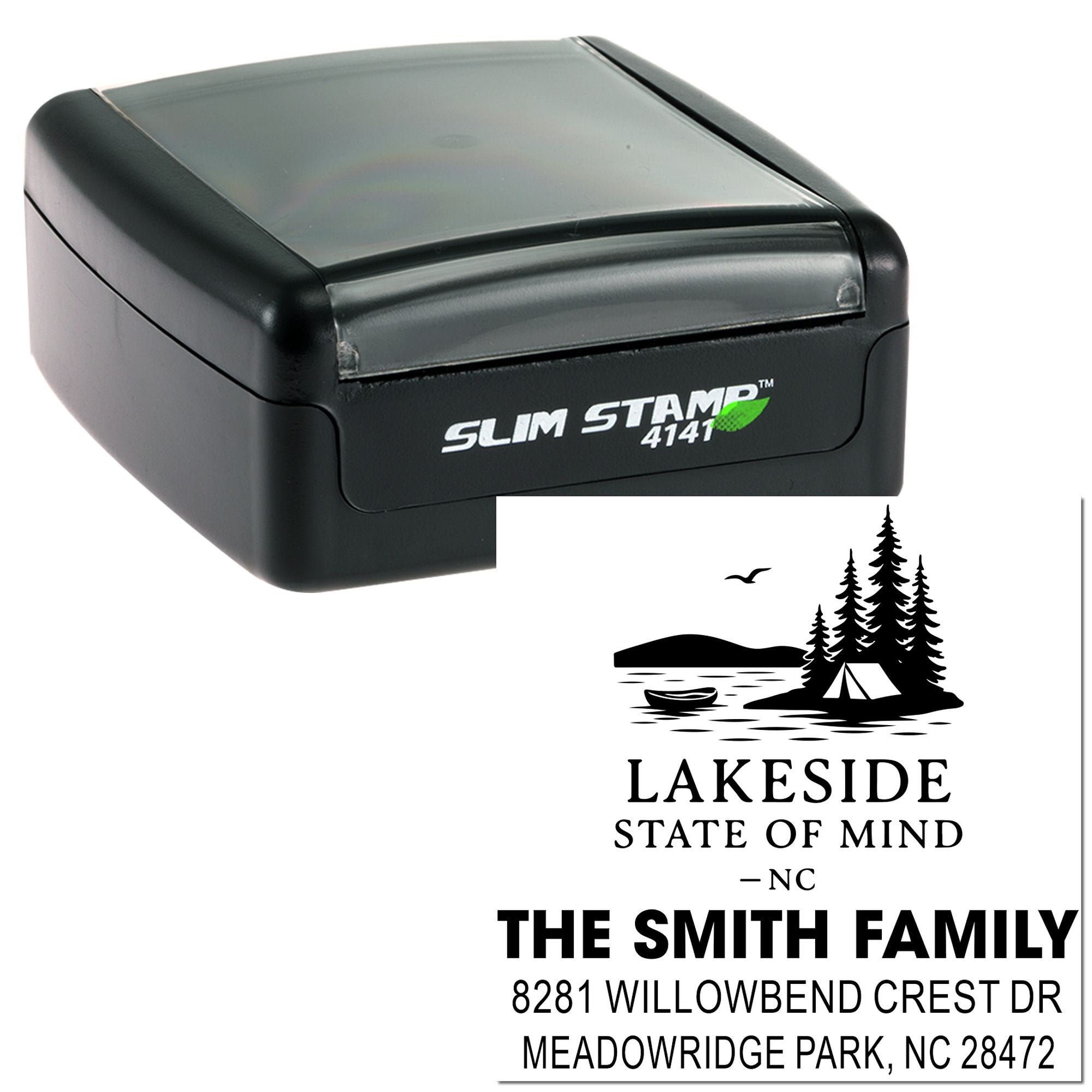 Slim Stamp 4141 self-inking rubber stamp with lakeside logo and The Smith Family return address.