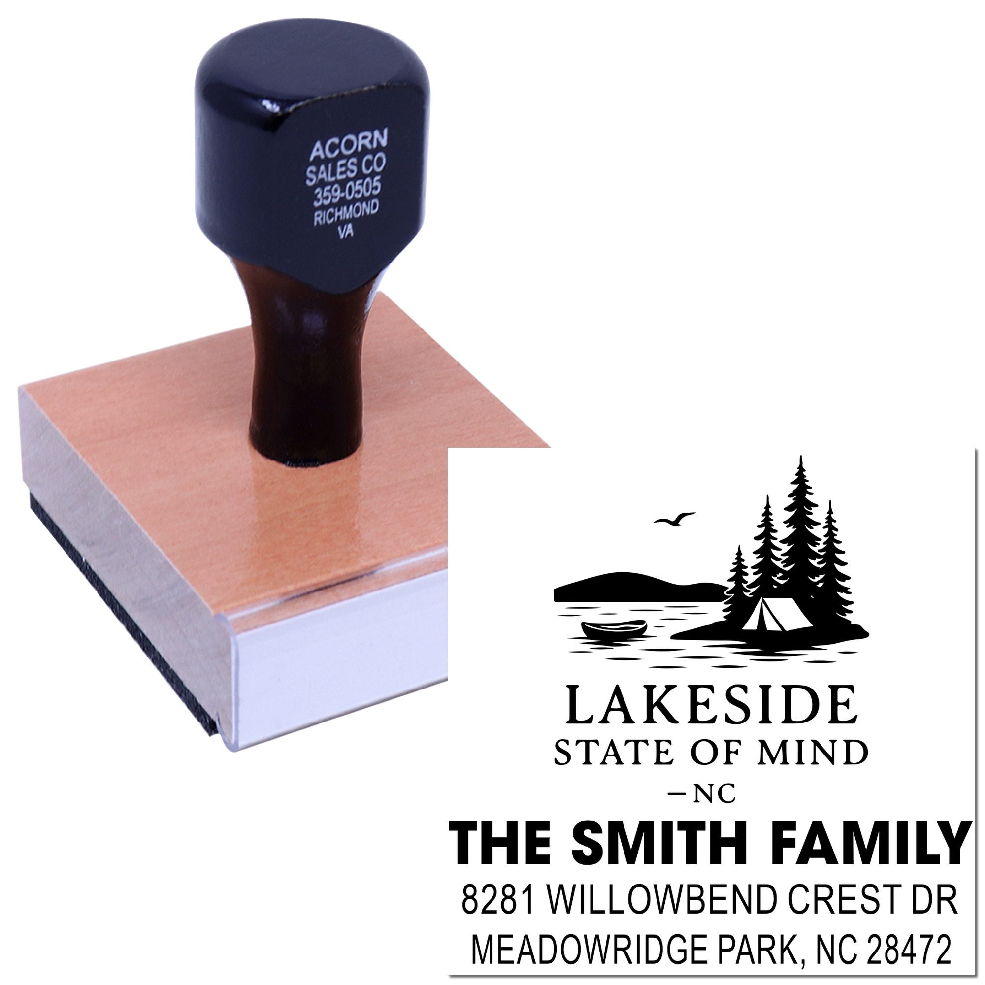 Custom rubber address stamp with Lakeside State of Mind return address for personalized mailing and branding