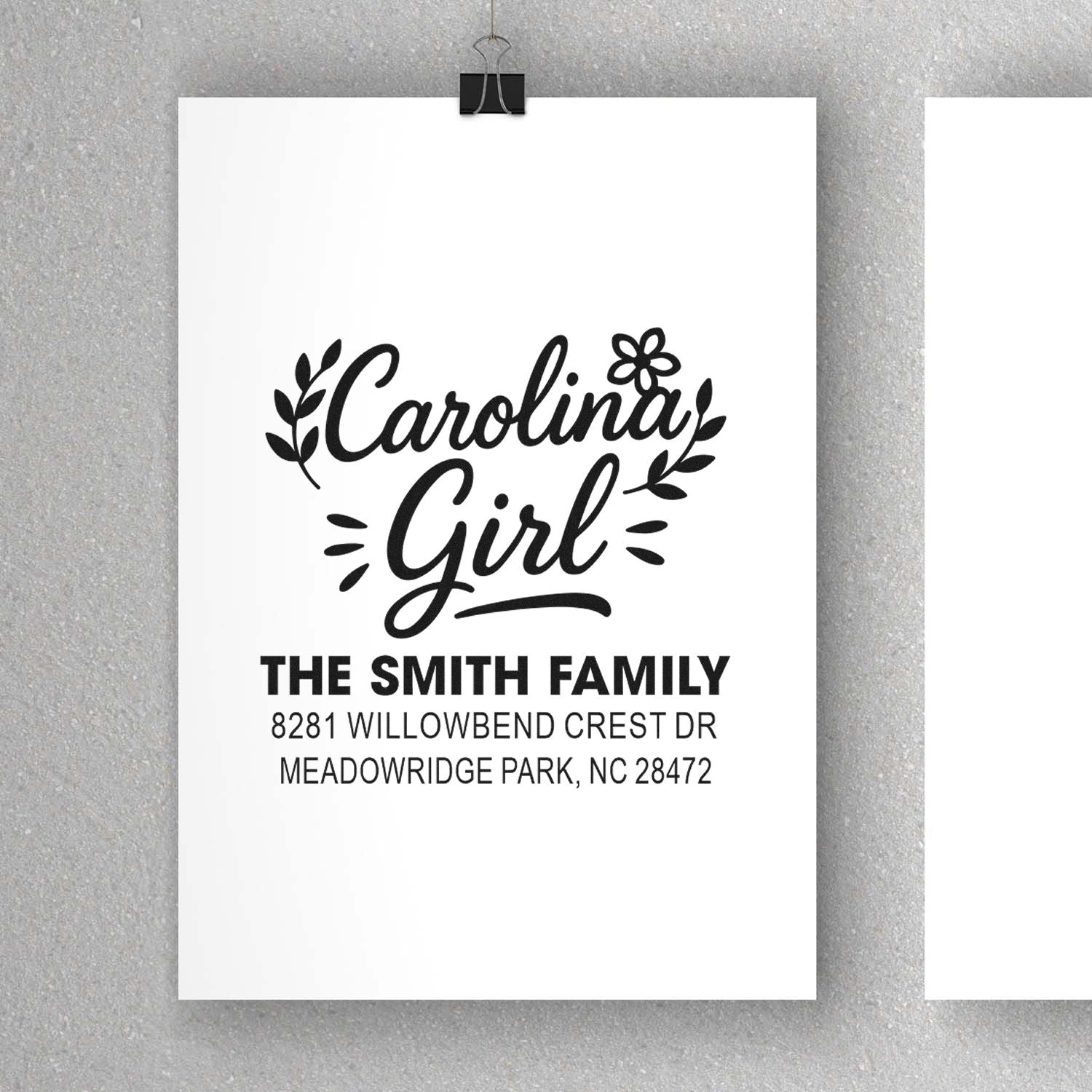 Custom Carolina Girl return address rubber stamp with The Smith Family name and Meadowridge Park, NC address