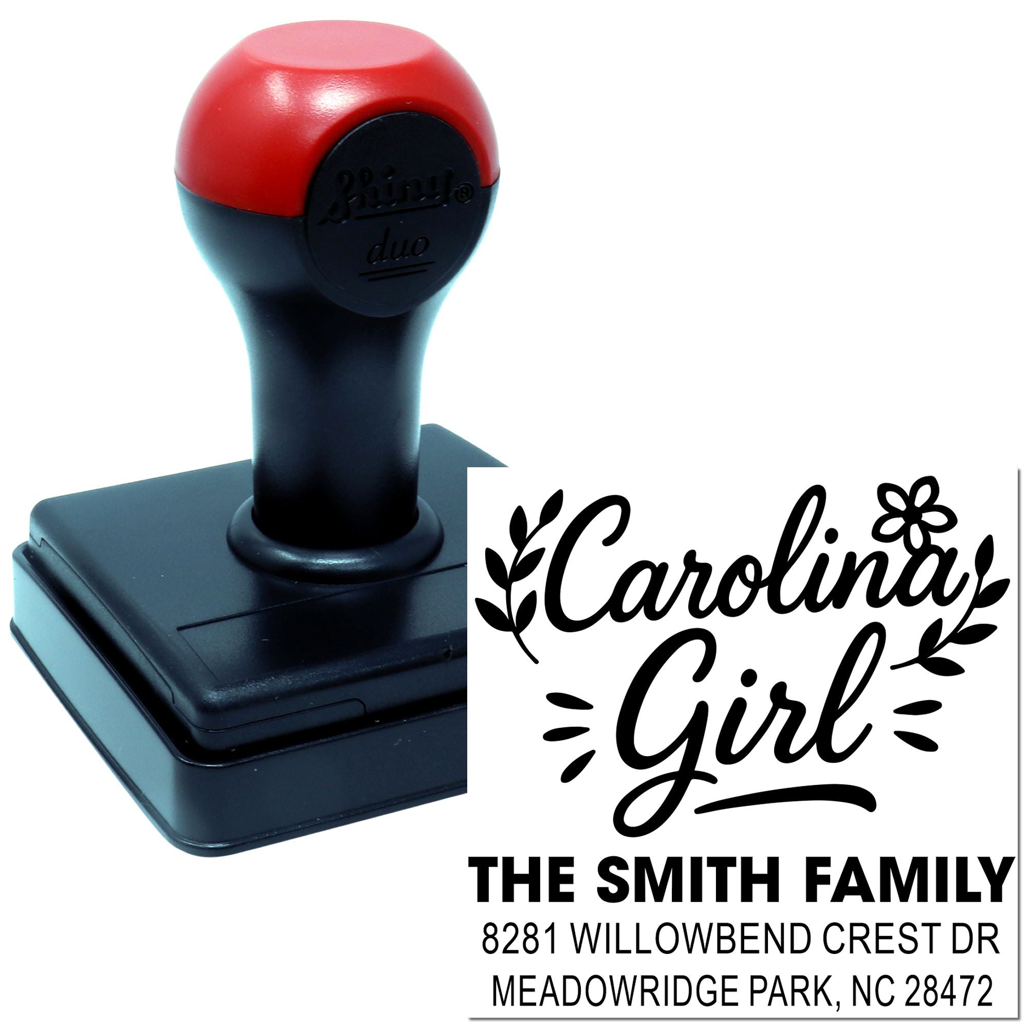 Custom self-inking rubber address stamp with Carolina Girl design for personalized family mailing labels.