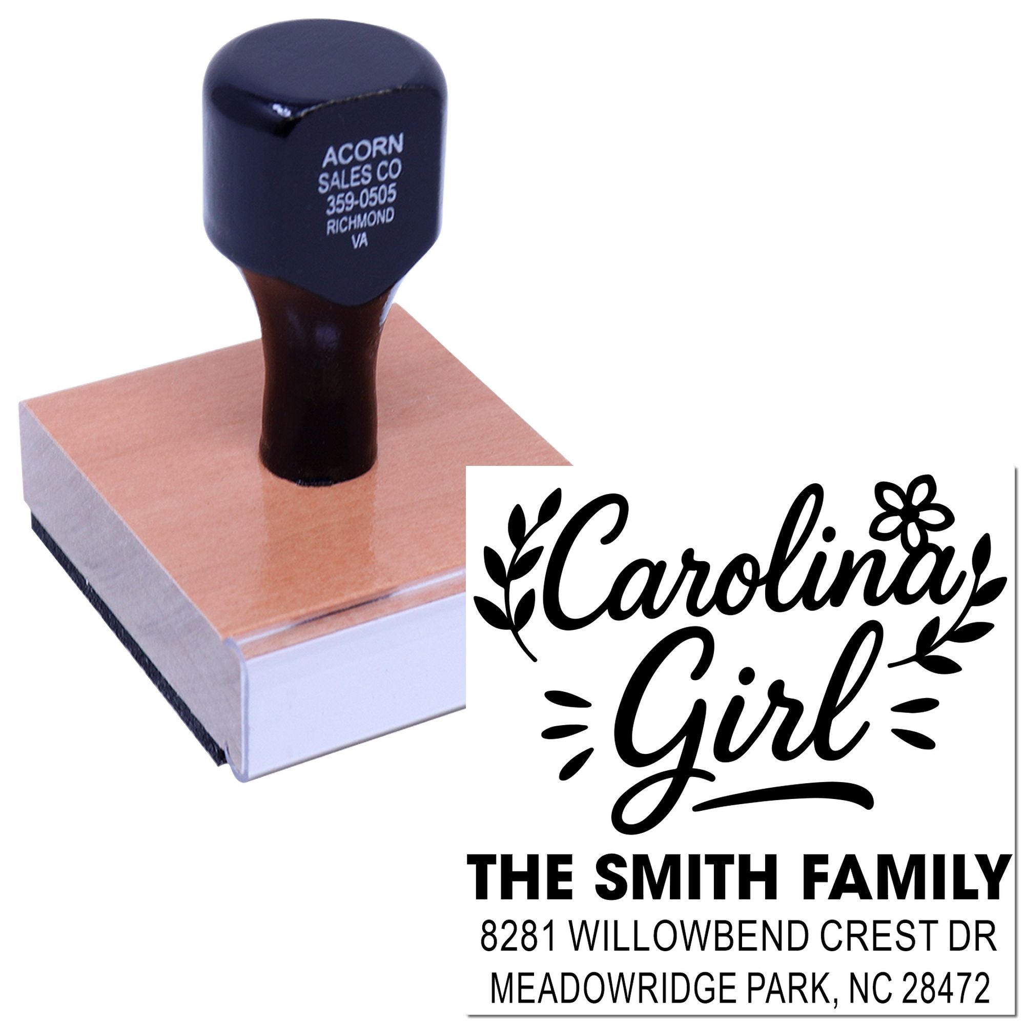 Personalized Carolina Girl rubber stamp with family name and address for custom mailing, stationery, and wedding favors.