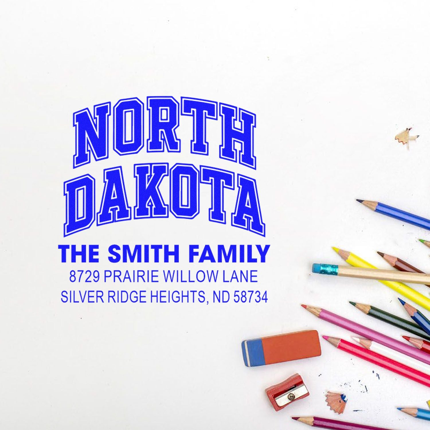 Custom North Dakota family return address rubber stamp for The Smith Family, featuring name and mailing address.