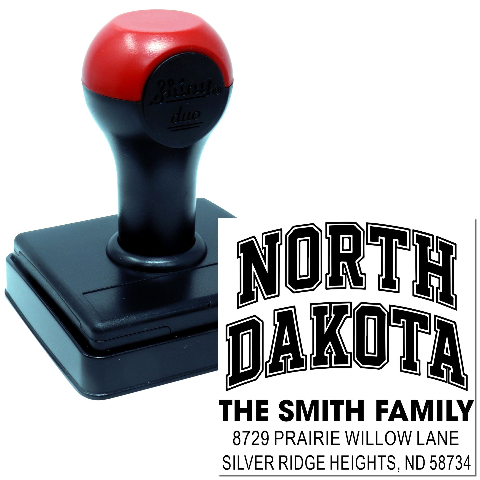 Custom self-inking address rubber stamp for The Smith Family, North Dakota, with personalized return address design.