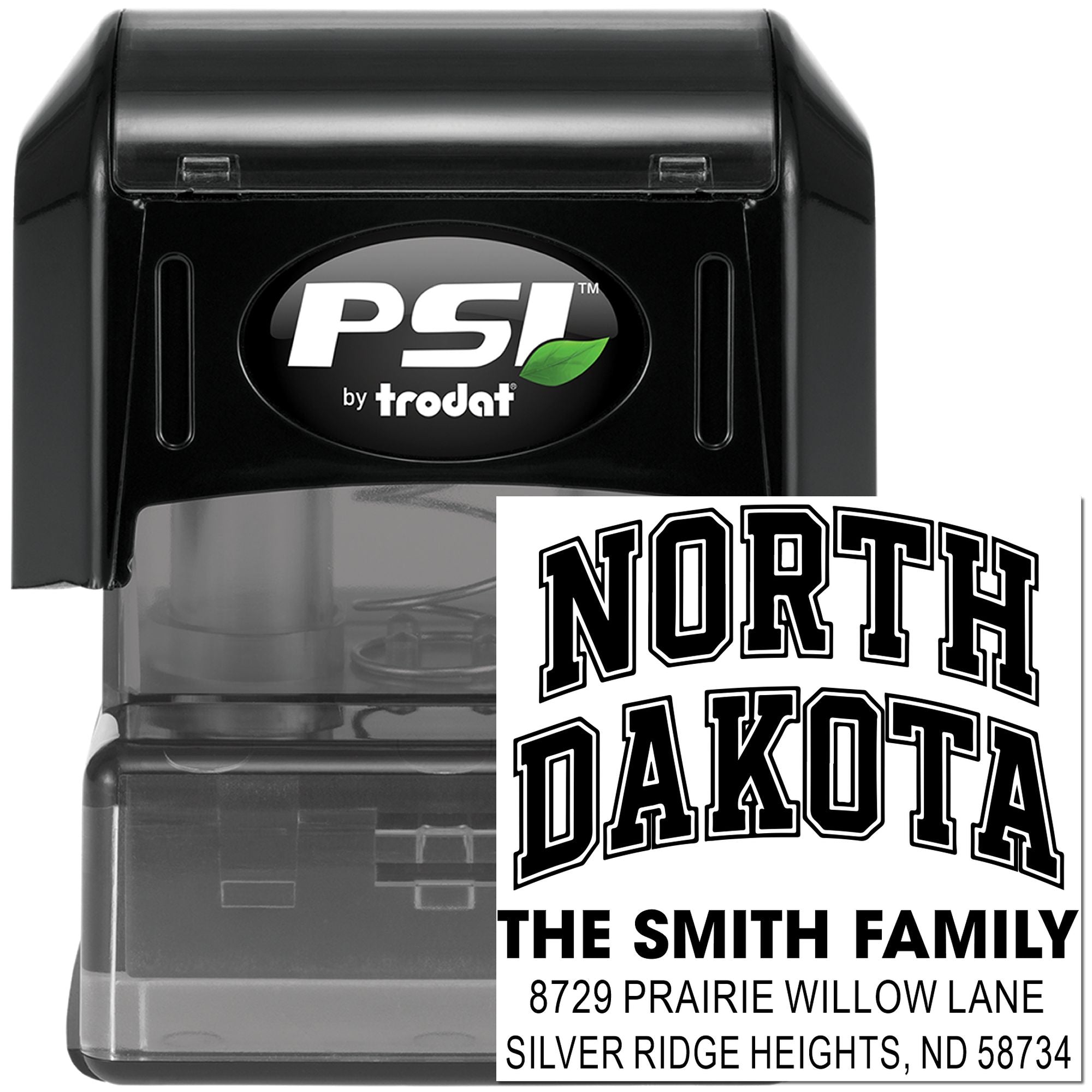 Custom North Dakota family address rubber stamp by PSI Trodat, self-inking stamp for mailing envelopes and return addresses.