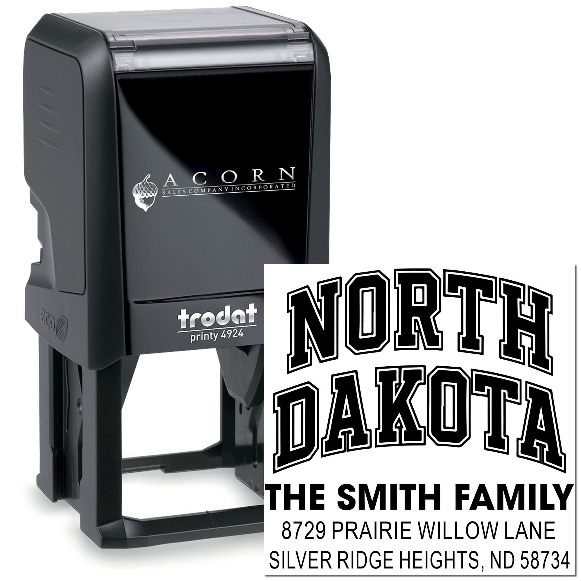 Custom self-inking rubber address stamp for envelopes, featuring North Dakota family name and return address.