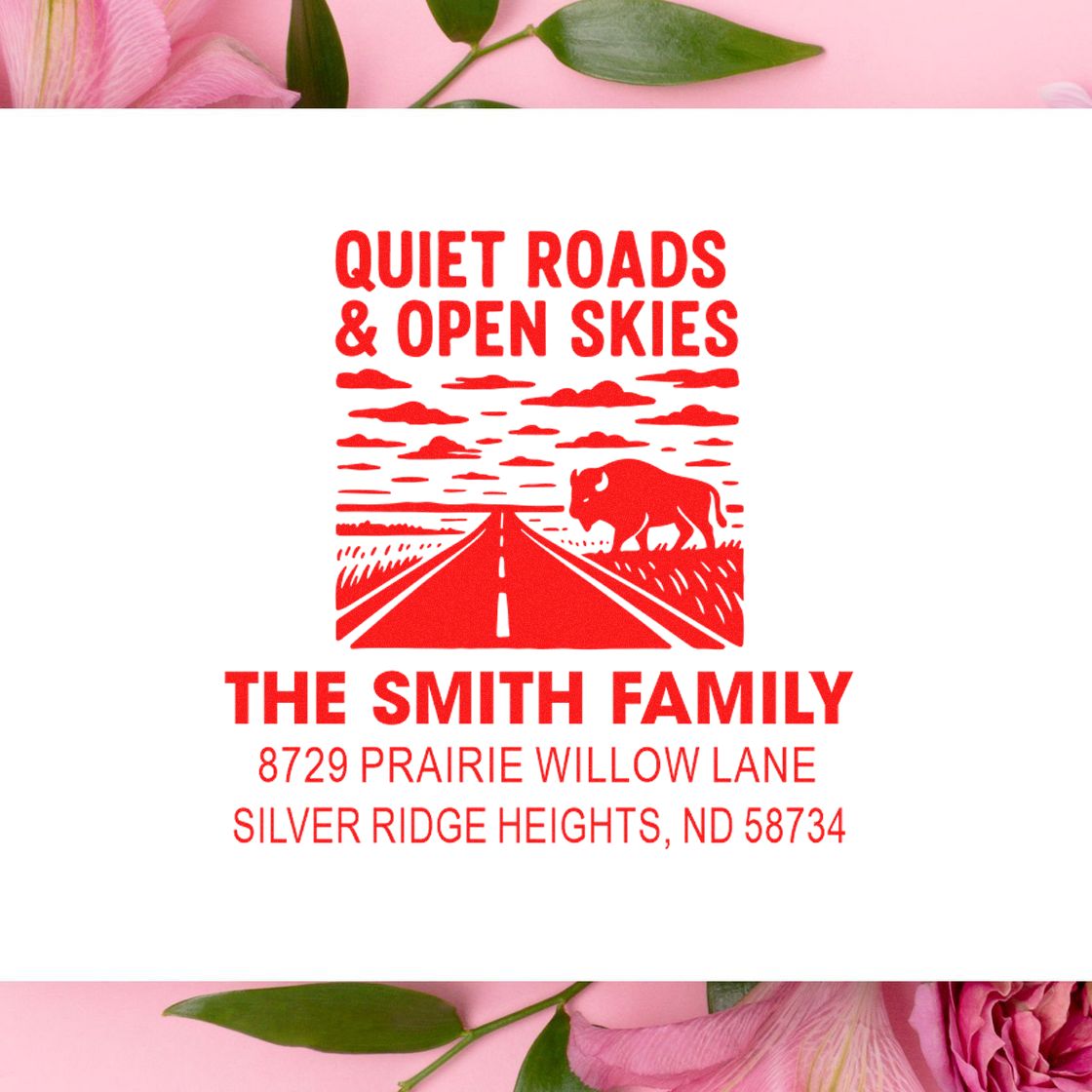 Custom return address rubber stamp with buffalo road design for The Smith Family, Quiet Roads & Open Skies.