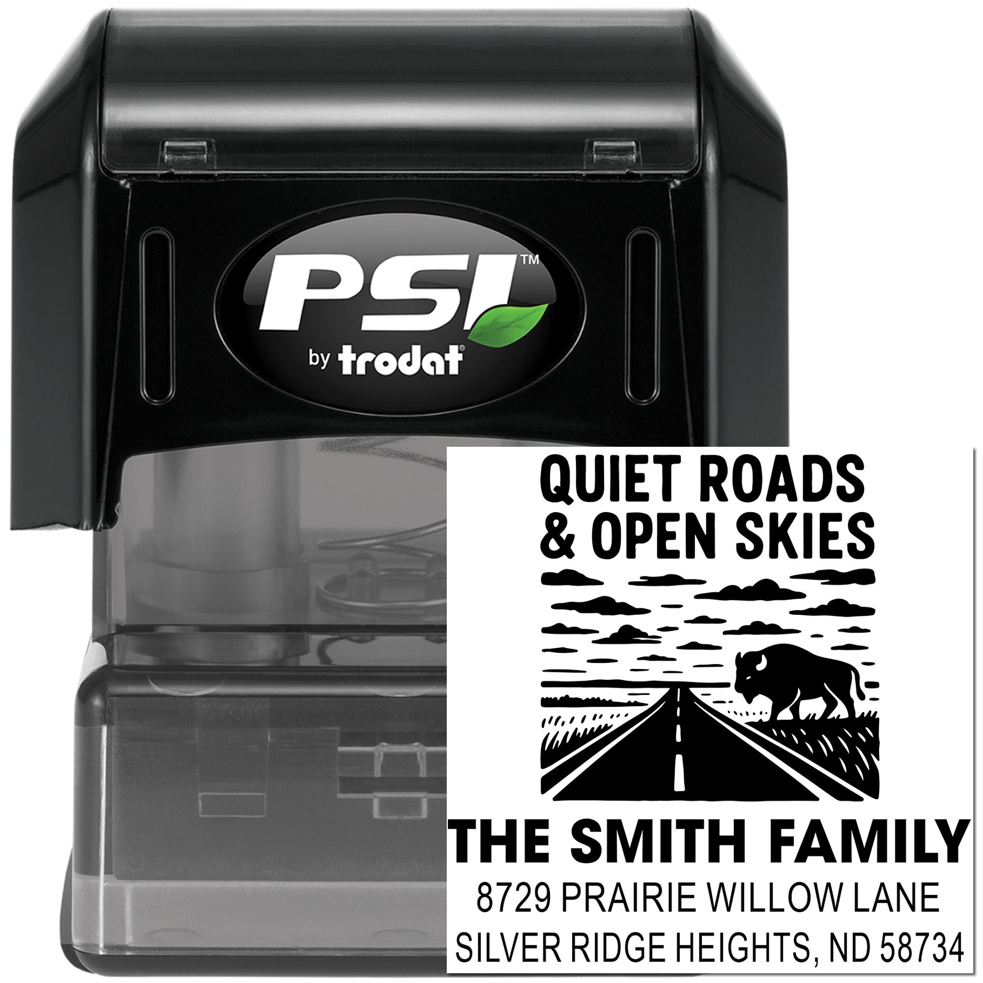 Custom self-inking rubber address stamp with buffalo and road design for The Smith Family, Silver Ridge Heights, ND.