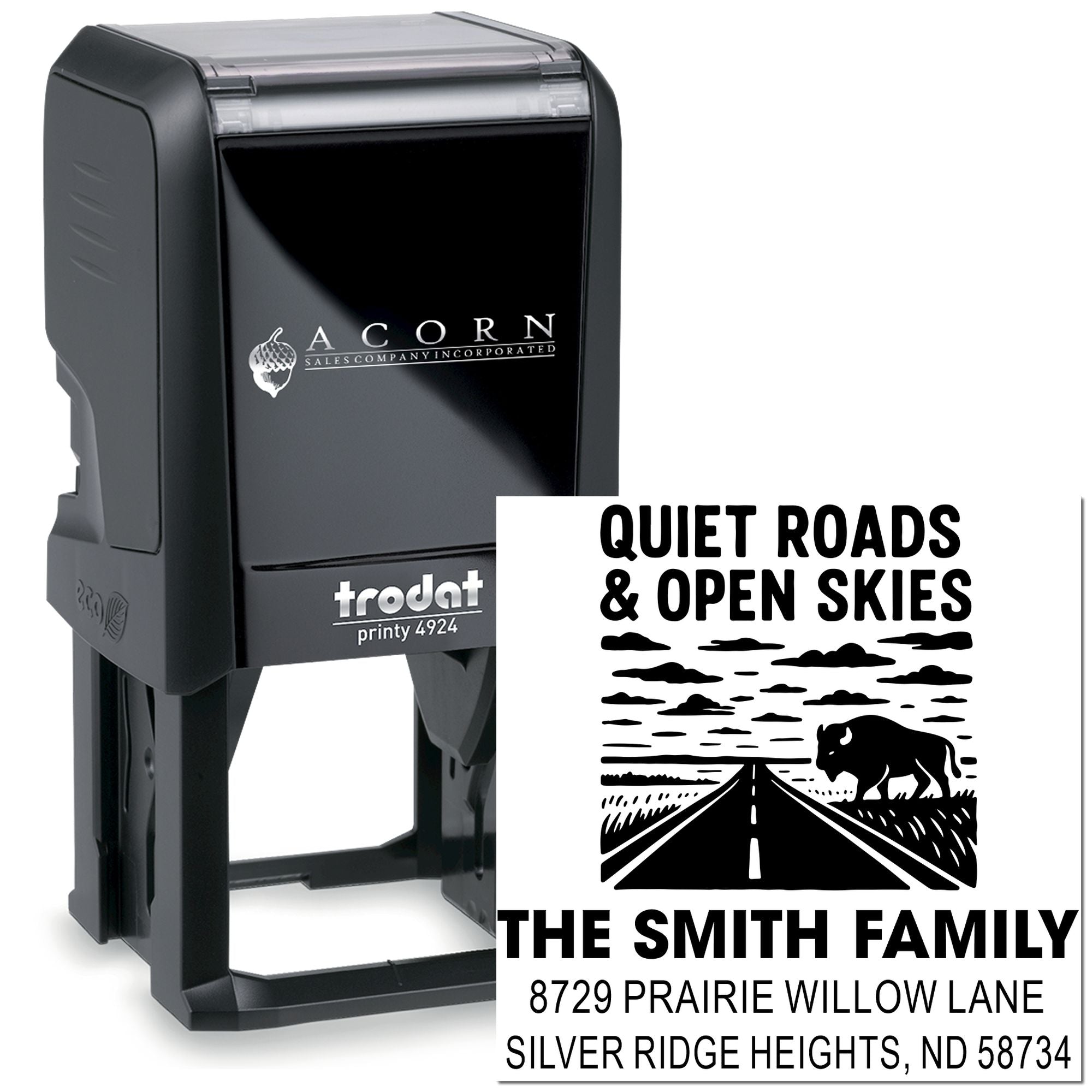 Custom self-inking rubber address stamp with family name, road graphic, and return address for personalized mailing.