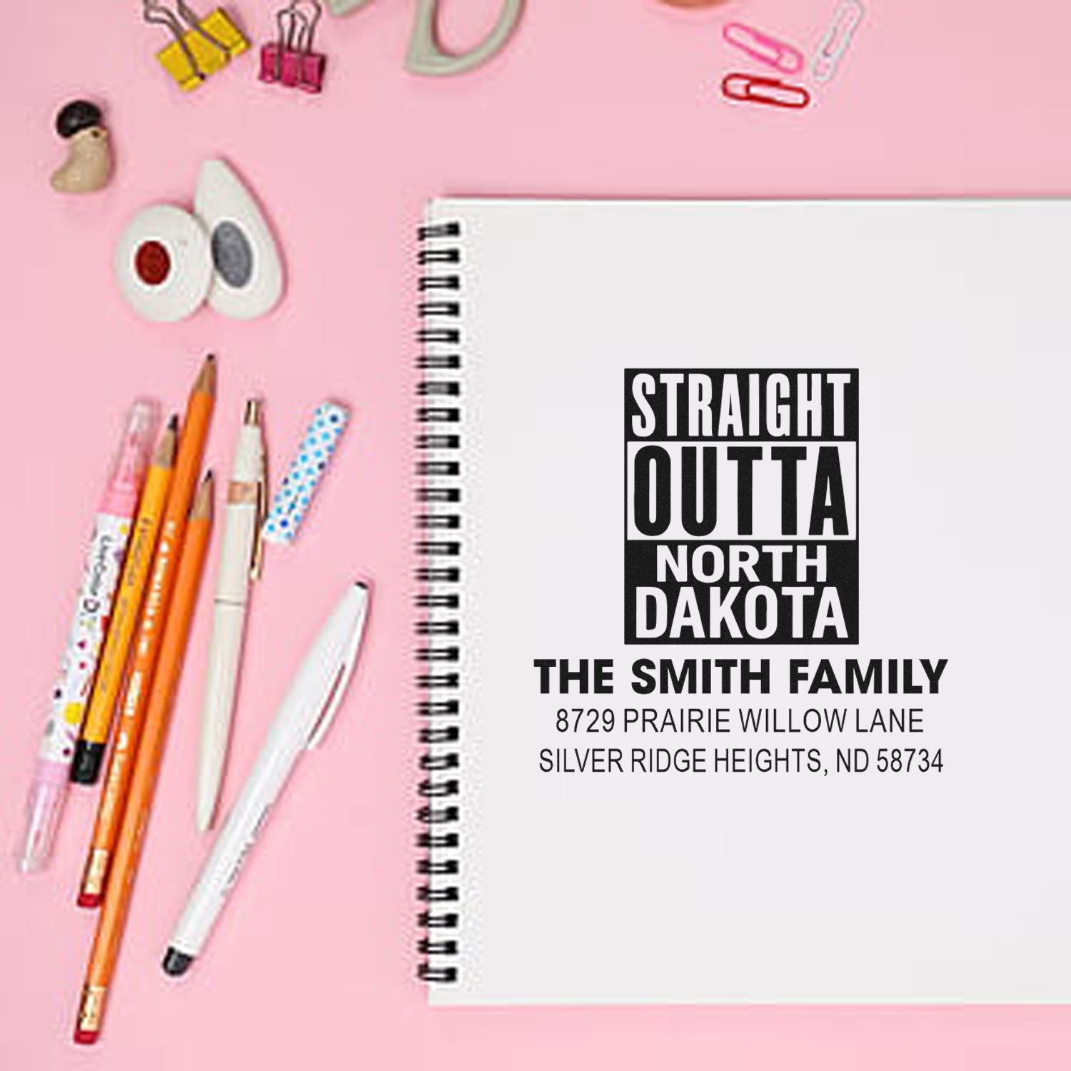 Personalized return address rubber stamp with Straight Outta North Dakota design for The Smith Family stationery.