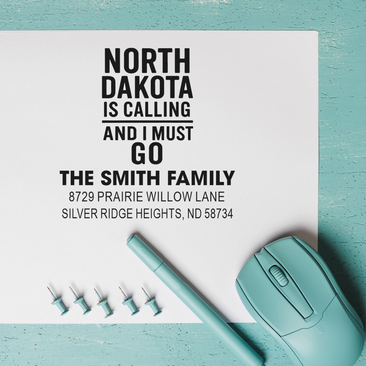 Custom rubber address stamp featuring North Dakota is calling quote for The Smith Family.