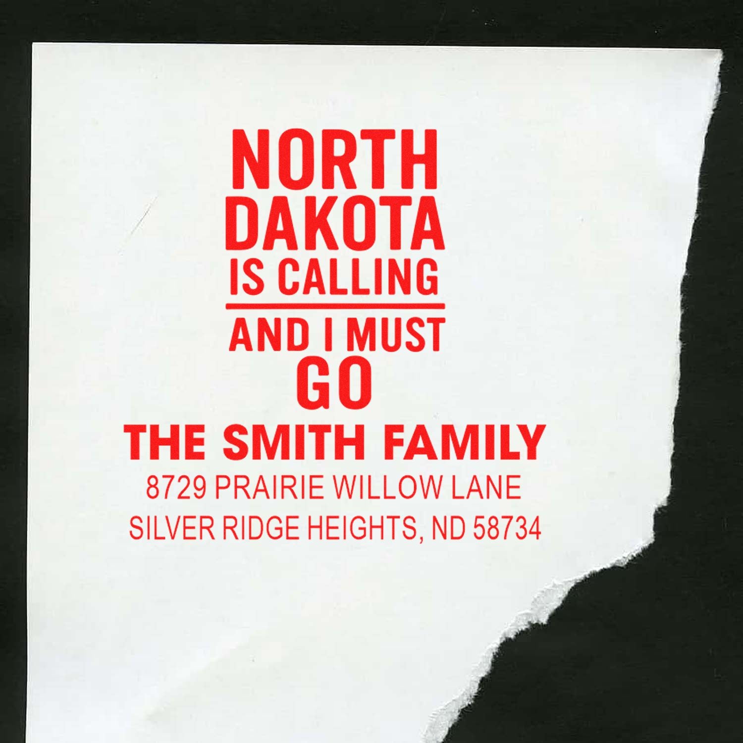 Custom address rubber stamp with North Dakota quote, The Smith Family name, and return address design.