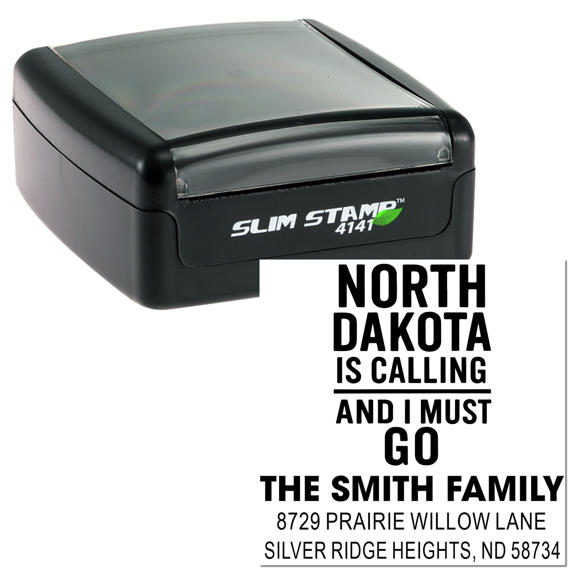 Custom North Dakota return address rubber stamp, Slim Stamp 4141, for personalized family mail and stationery.