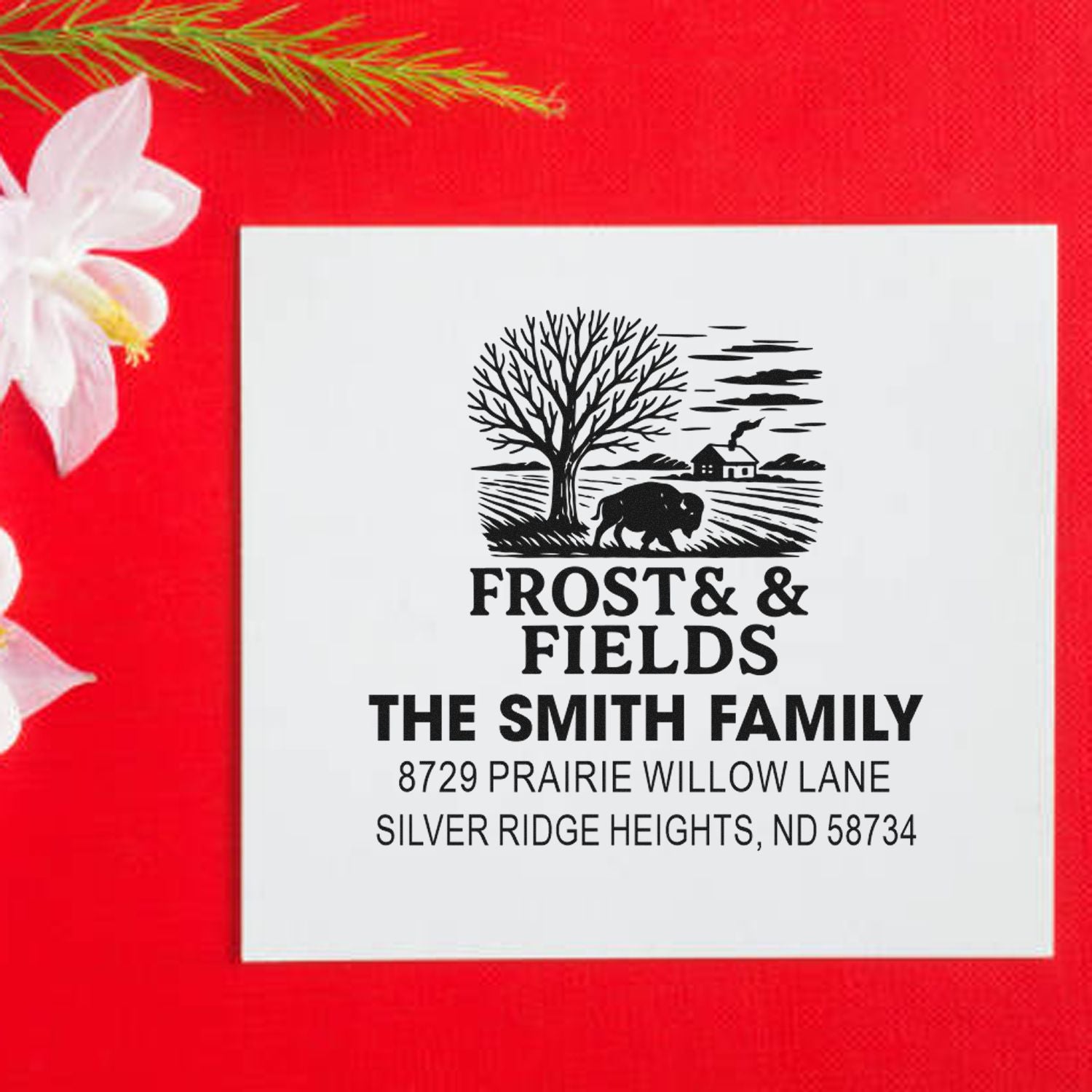 Custom family return address rubber stamp with Frost & Fields design, The Smith Family name, and full address for holiday mailings.