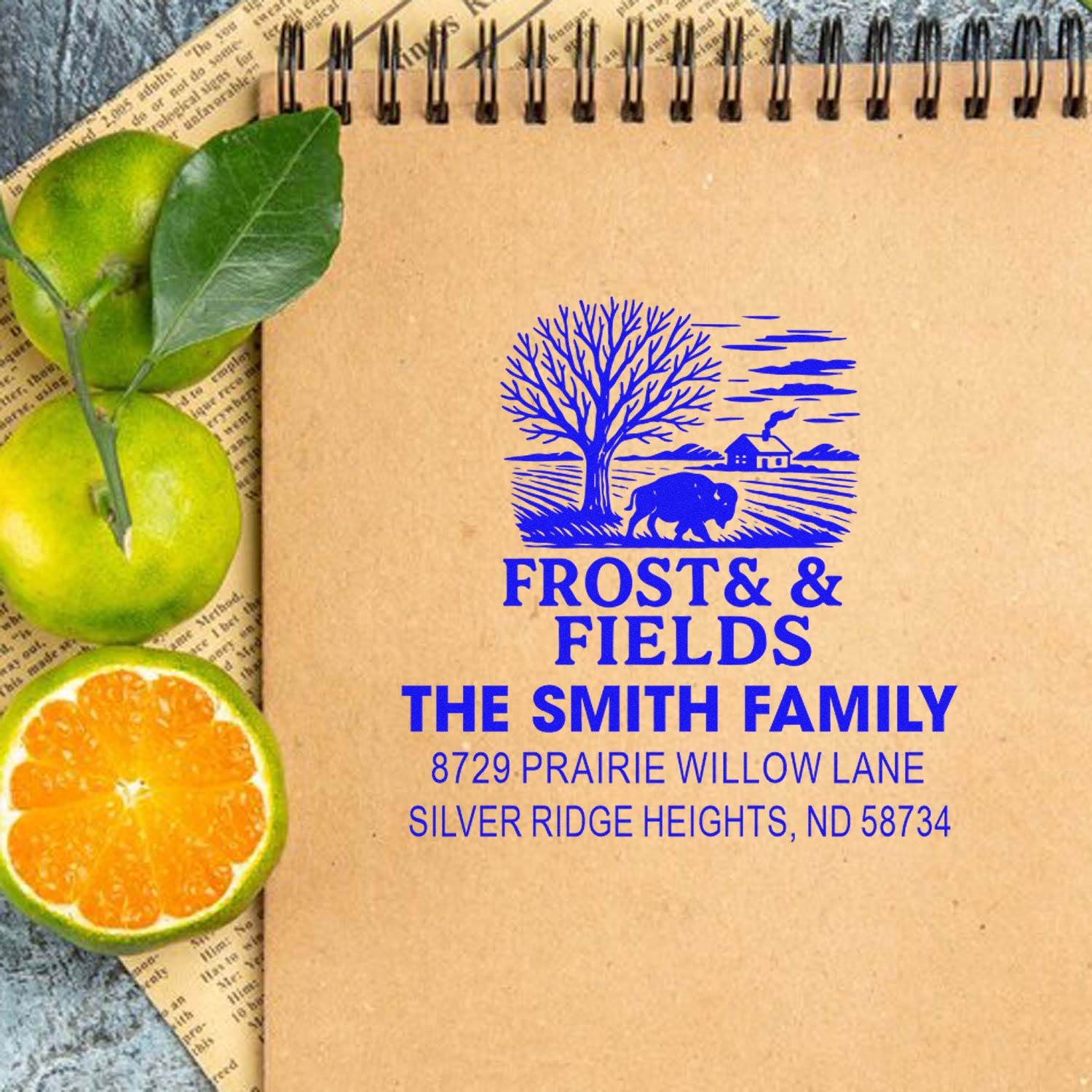 Personalized farm return address rubber stamp for The Smith Family, with Frost & Fields logo for envelopes and packaging.