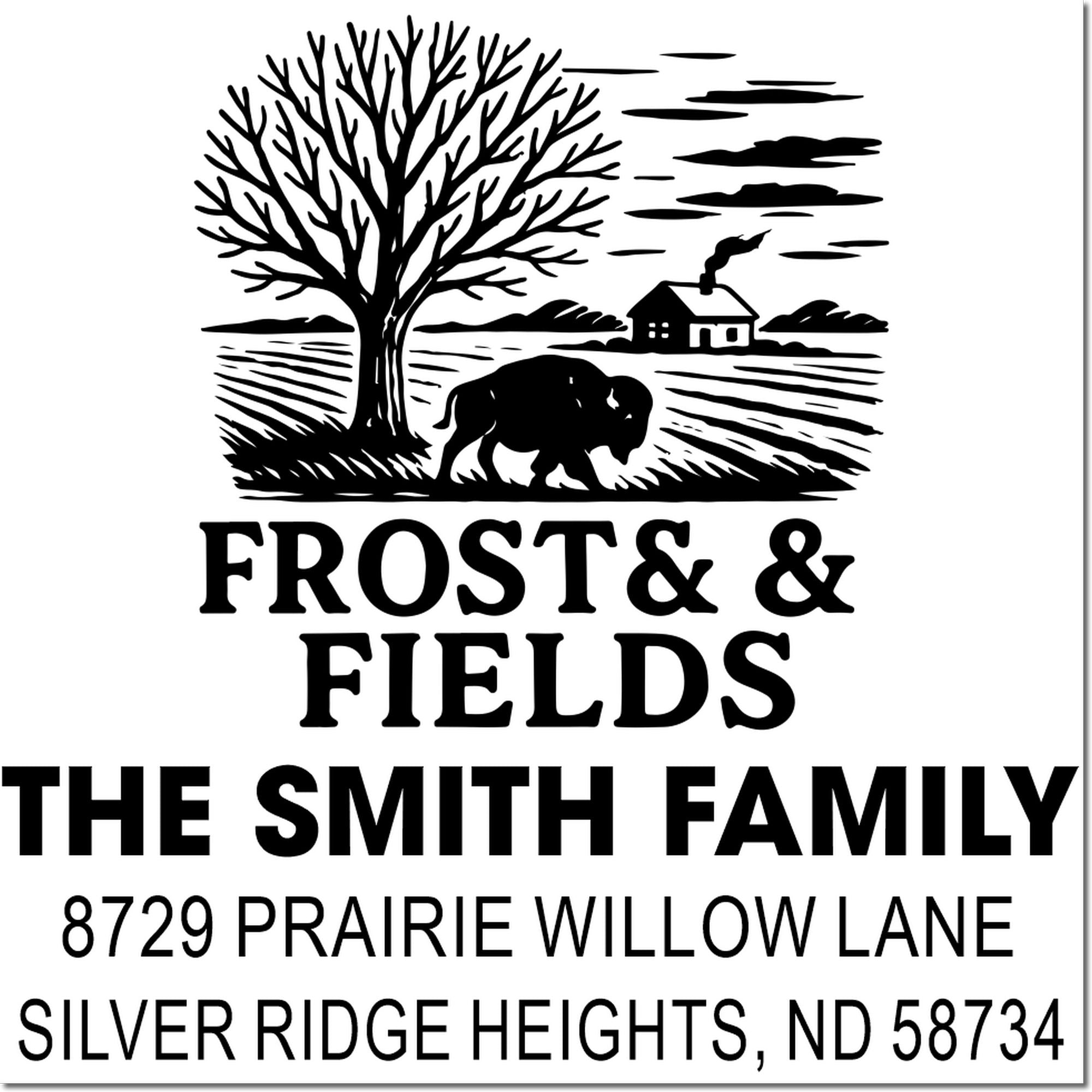 Custom Frost & Fields family address rubber stamp with bison, farmhouse and tree design for The Smith Family in Silver Ridge Heights, ND.