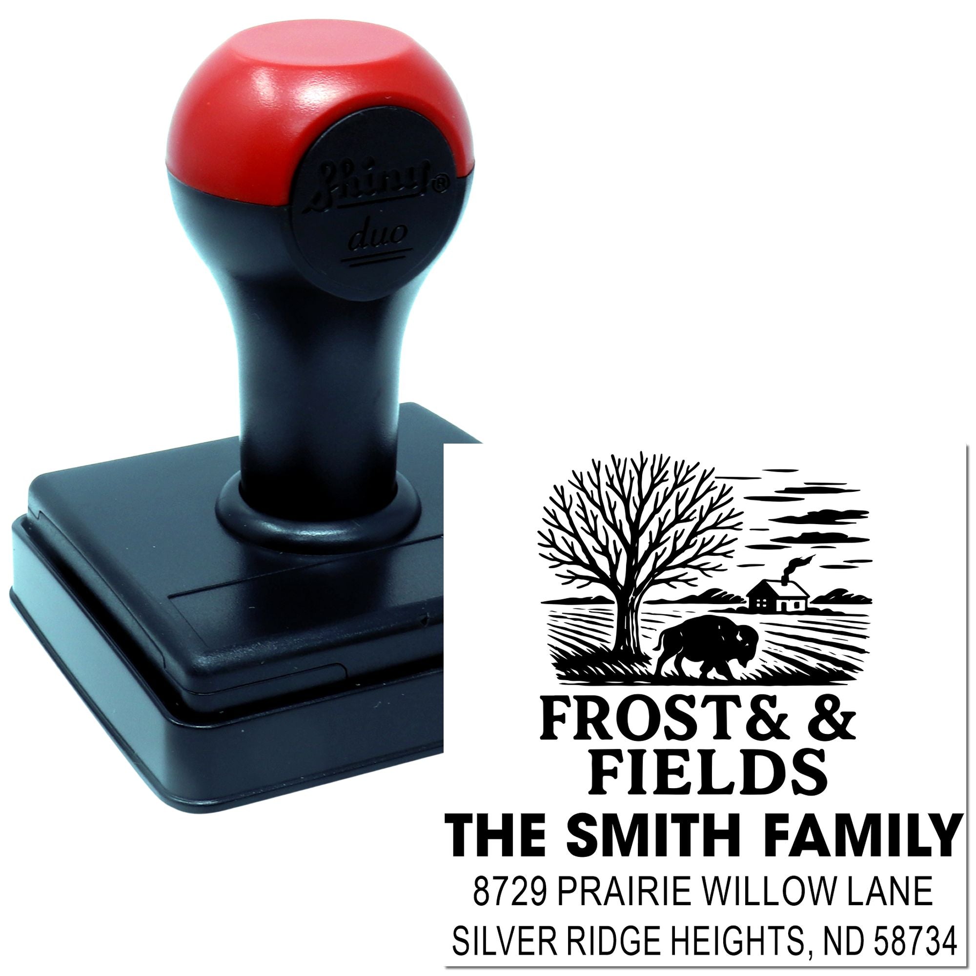 Custom self-inking return address rubber stamp for The Smith Family, featuring Frost & Fields farm logo and address.