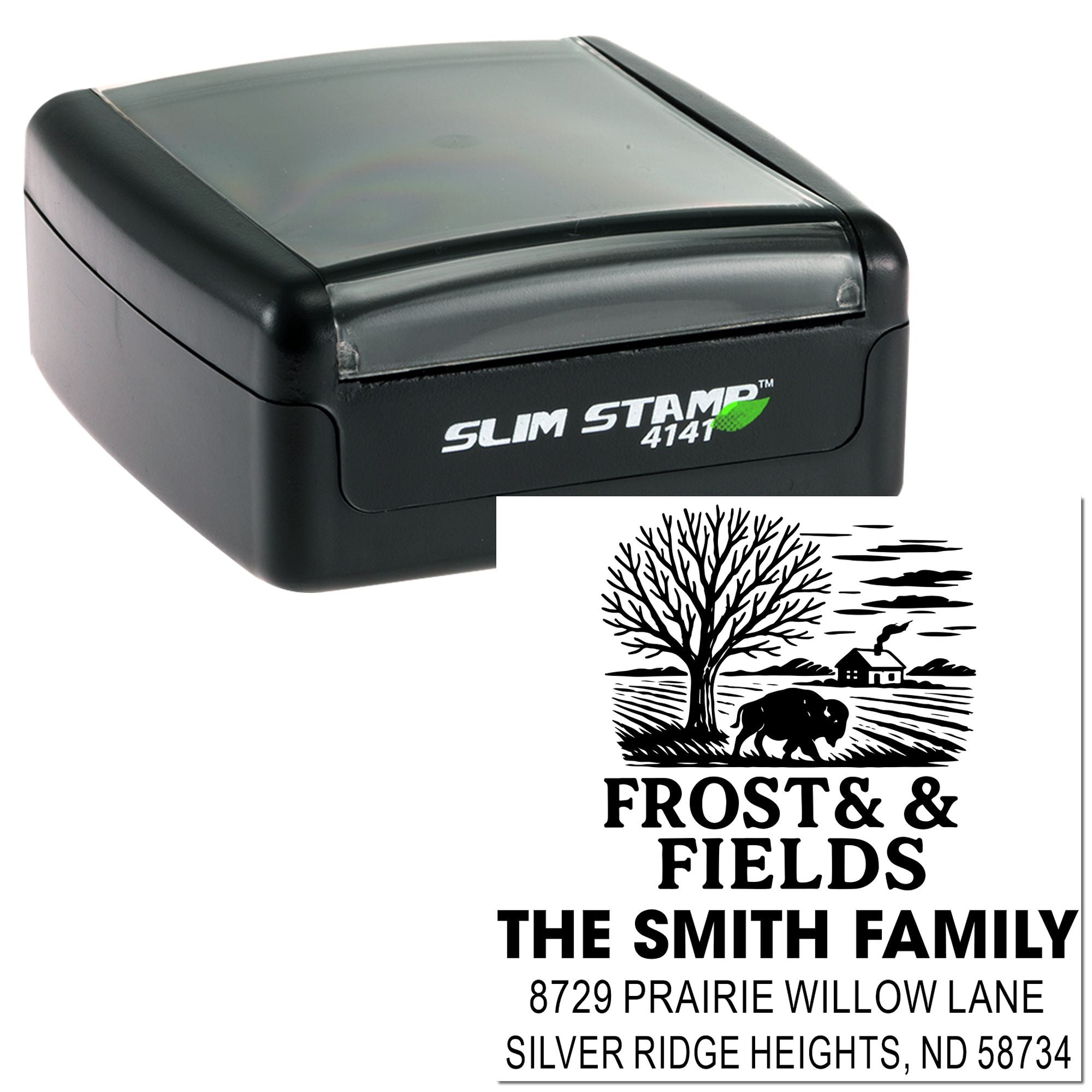 Custom Slim Stamp 4141 rubber address stamp with family name, farm logo, and mailing address for envelopes.