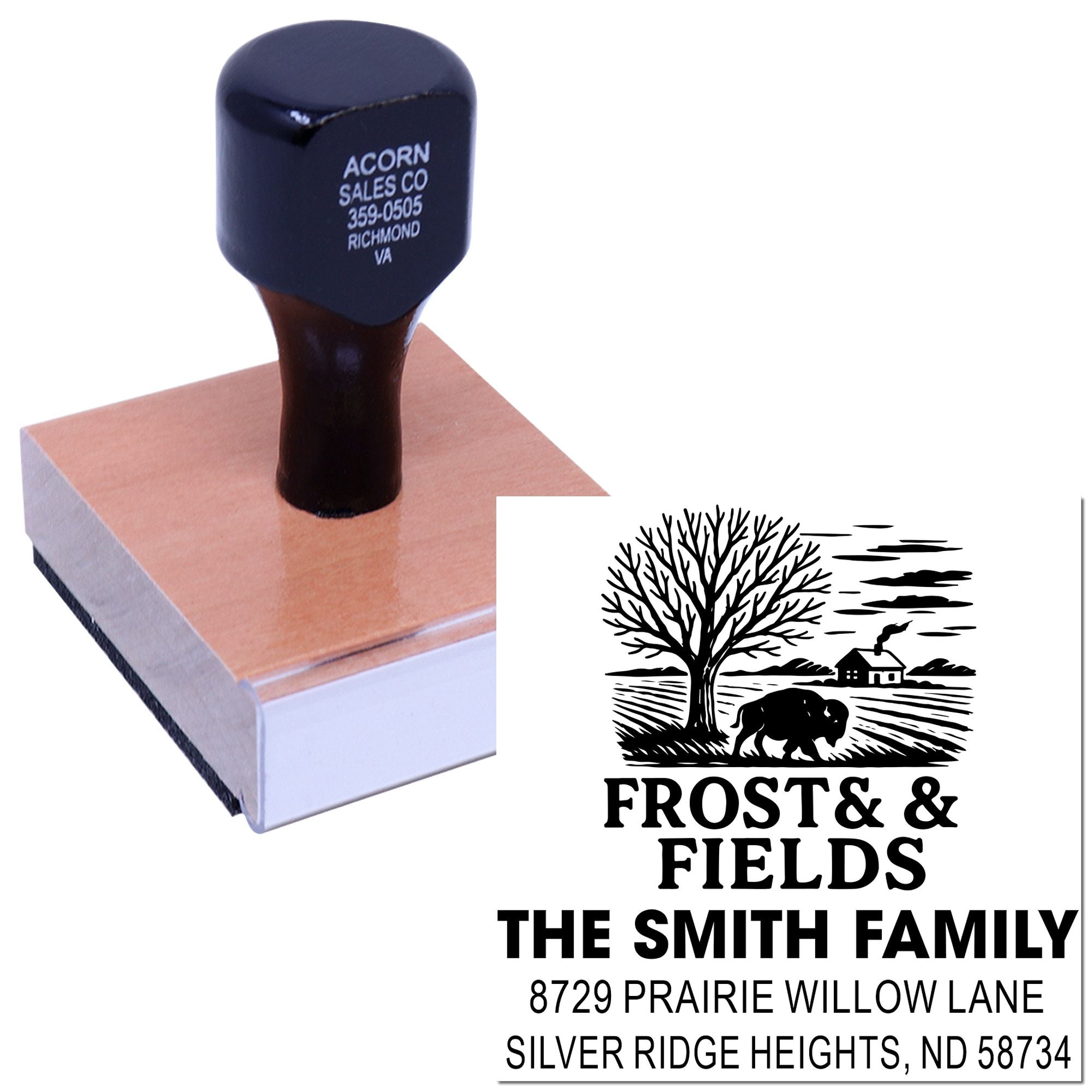 Custom family address rubber stamp with farmhouse design for The Smith Family, Silver Ridge Heights, ND.