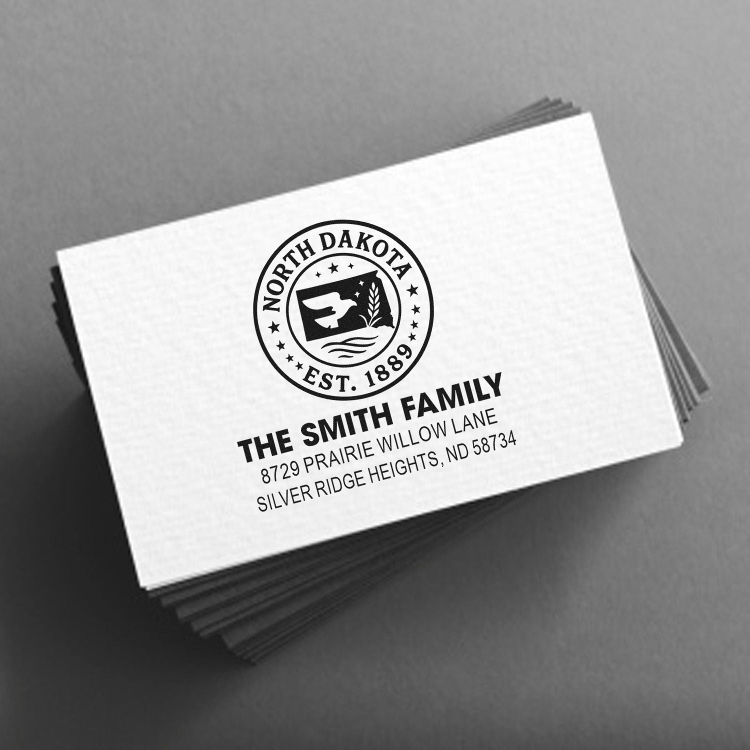 Custom North Dakota return address rubber stamp for The Smith Family stationery and envelopes.