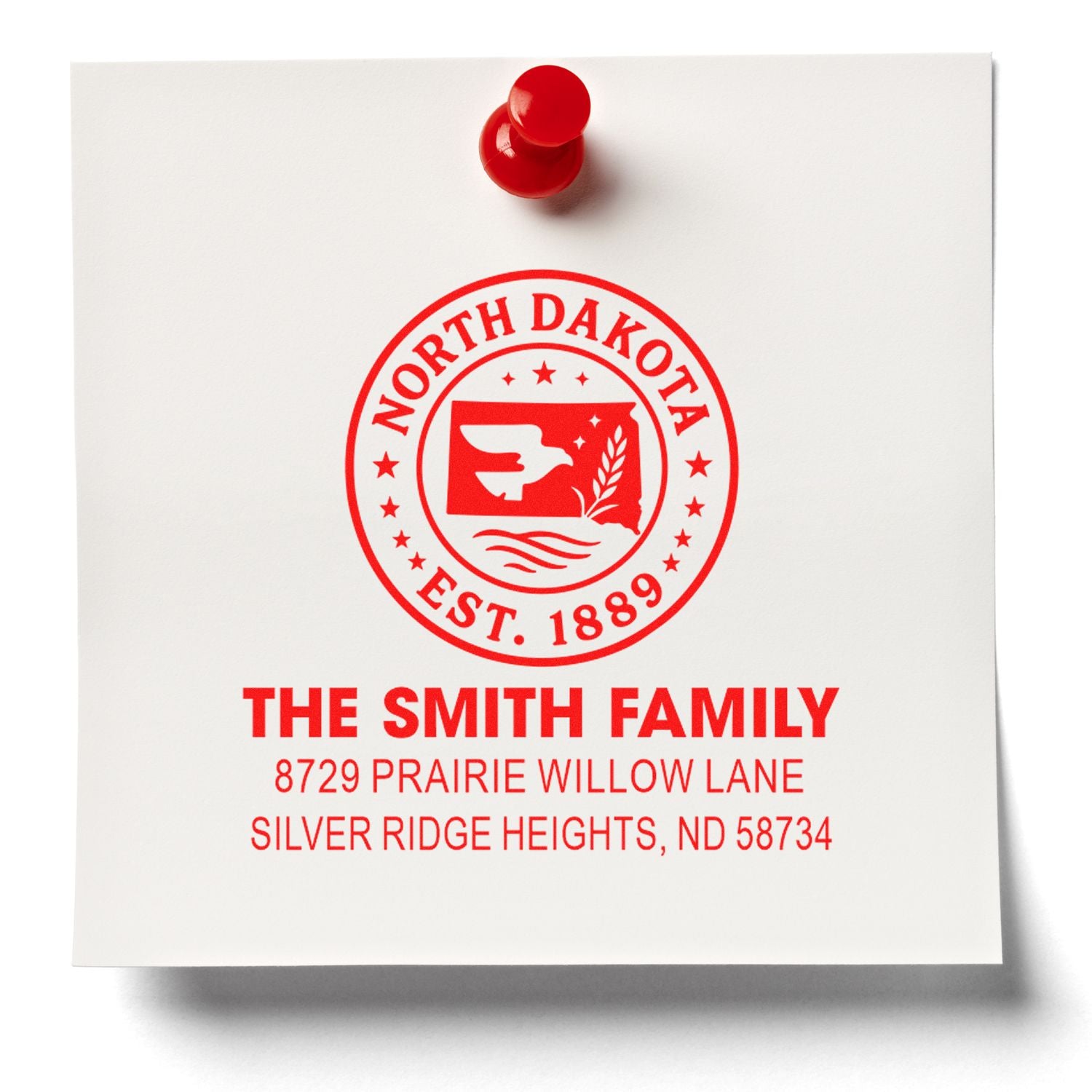 Custom return address rubber stamp with North Dakota state seal for The Smith Family and personalized address text