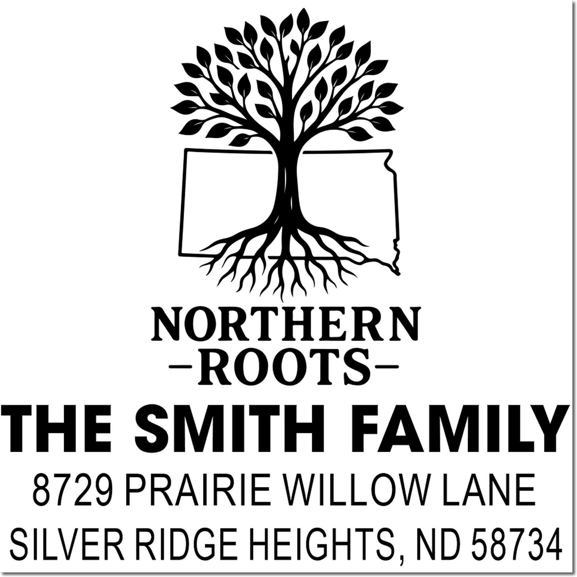 Custom rubber stamp design with tree and North Dakota outline, personalized The Smith Family address in Silver Ridge Heights, ND.