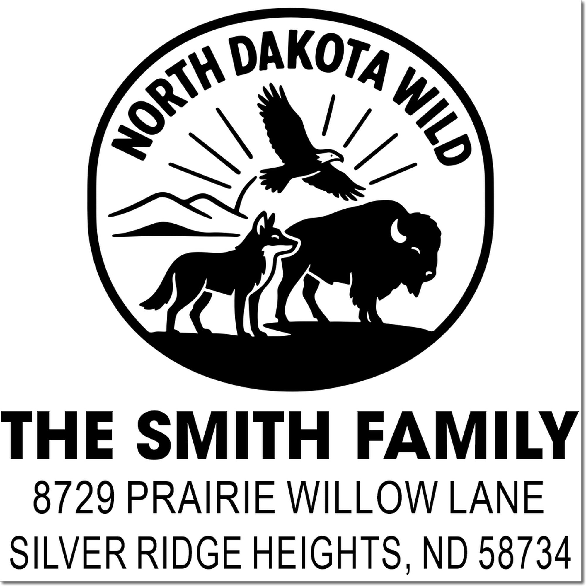Custom return address rubber stamp for The Smith Family, North Dakota Wild design with bison, eagle, fox and address.