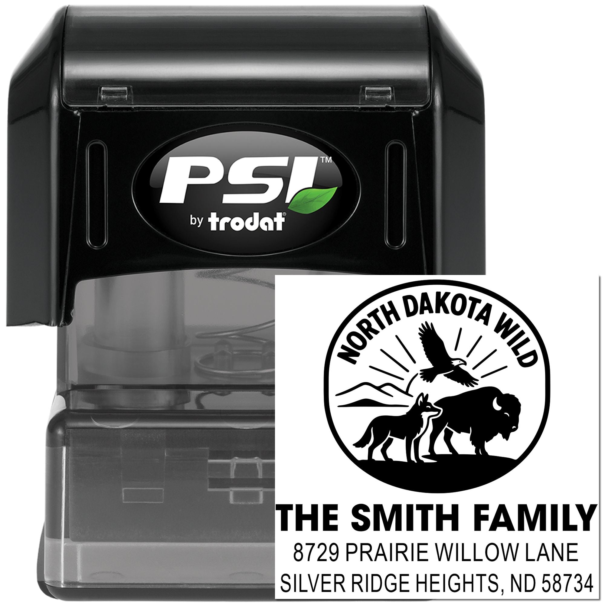 Custom self-inking rubber address stamp by PSI Trodat featuring North Dakota Wild family design and return address.