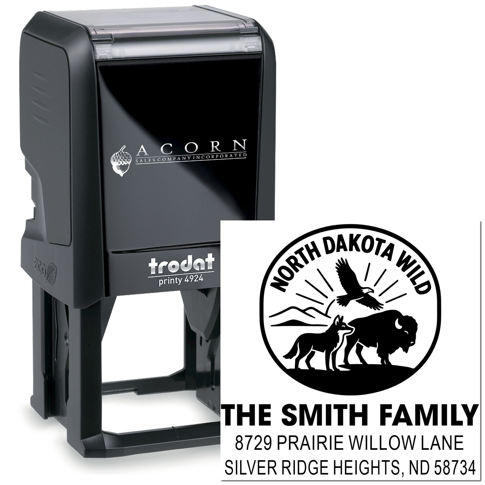 Custom self-inking Trodat rubber stamp with North Dakota Wild family return address design.