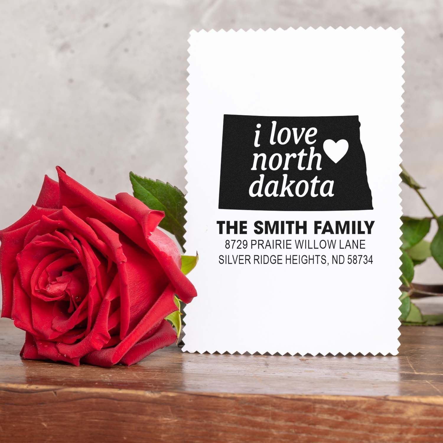 Personalized North Dakota return address rubber stamp with heart, custom family mailing stamp for The Smith Family.