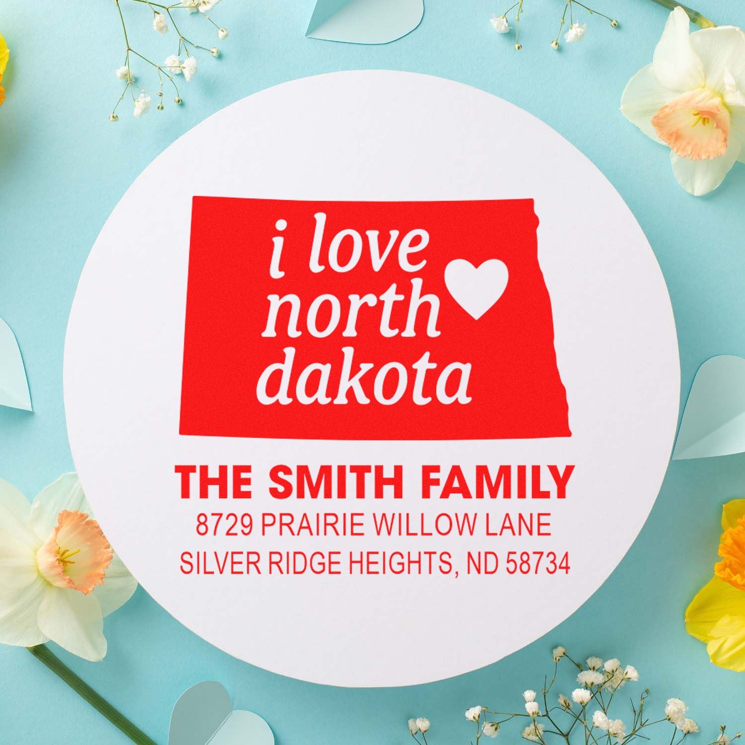 Custom North Dakota state-shaped return address rubber stamp for personalized envelopes, invitations, and family mail.