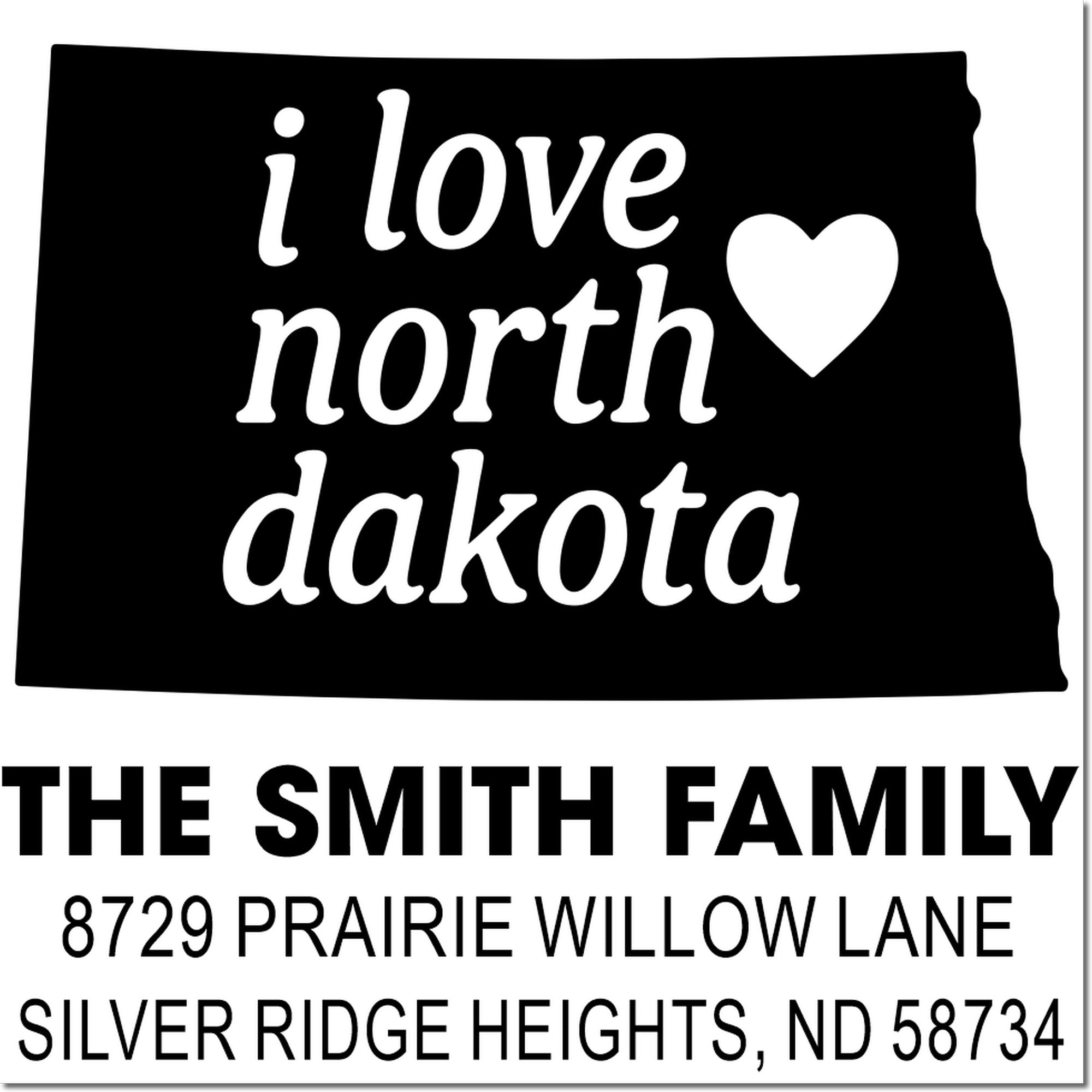Custom North Dakota return address rubber stamp with I love North Dakota state design
