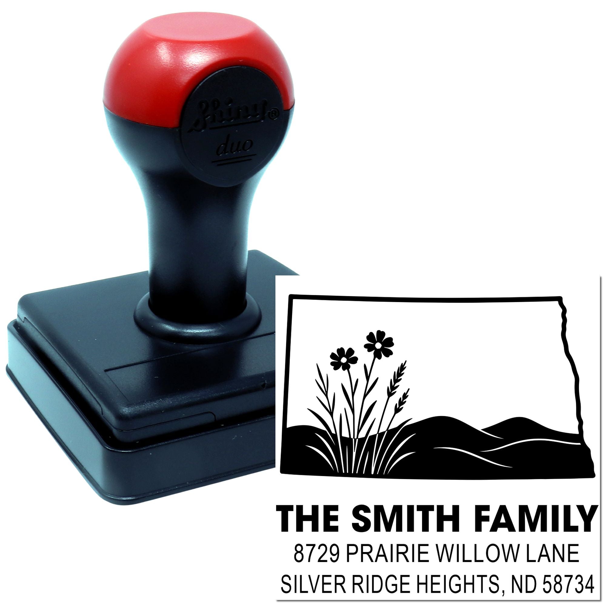 Custom self-inking rubber address stamp with floral design for The Smith Family in Silver Ridge Heights, ND.