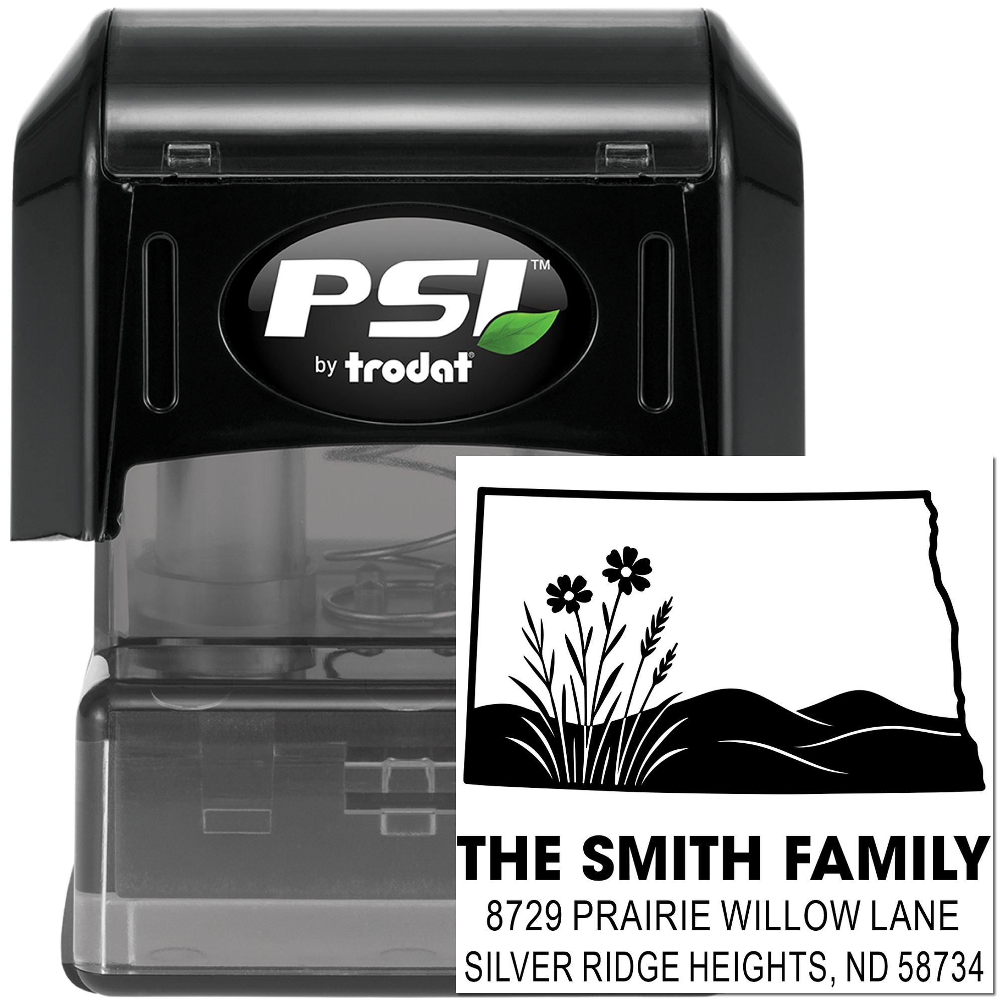 Custom self-inking address stamp by PSI Trodat with family name, address, and prairie design