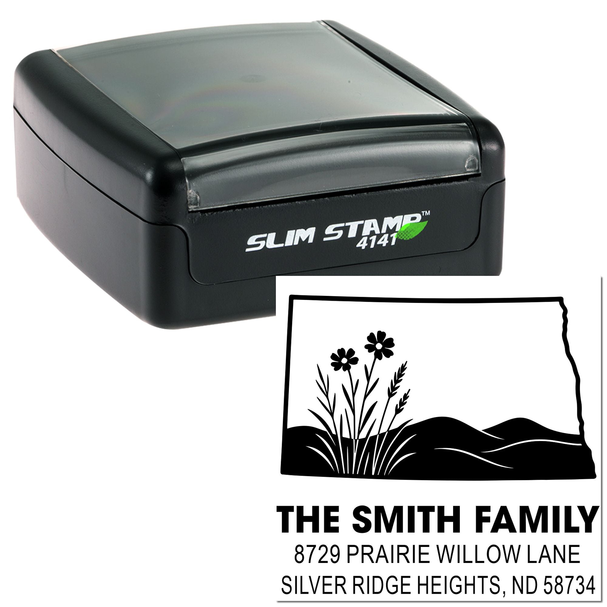 Slim Stamp 4141 self-inking rubber address stamp with custom floral border design for The Smith Family.