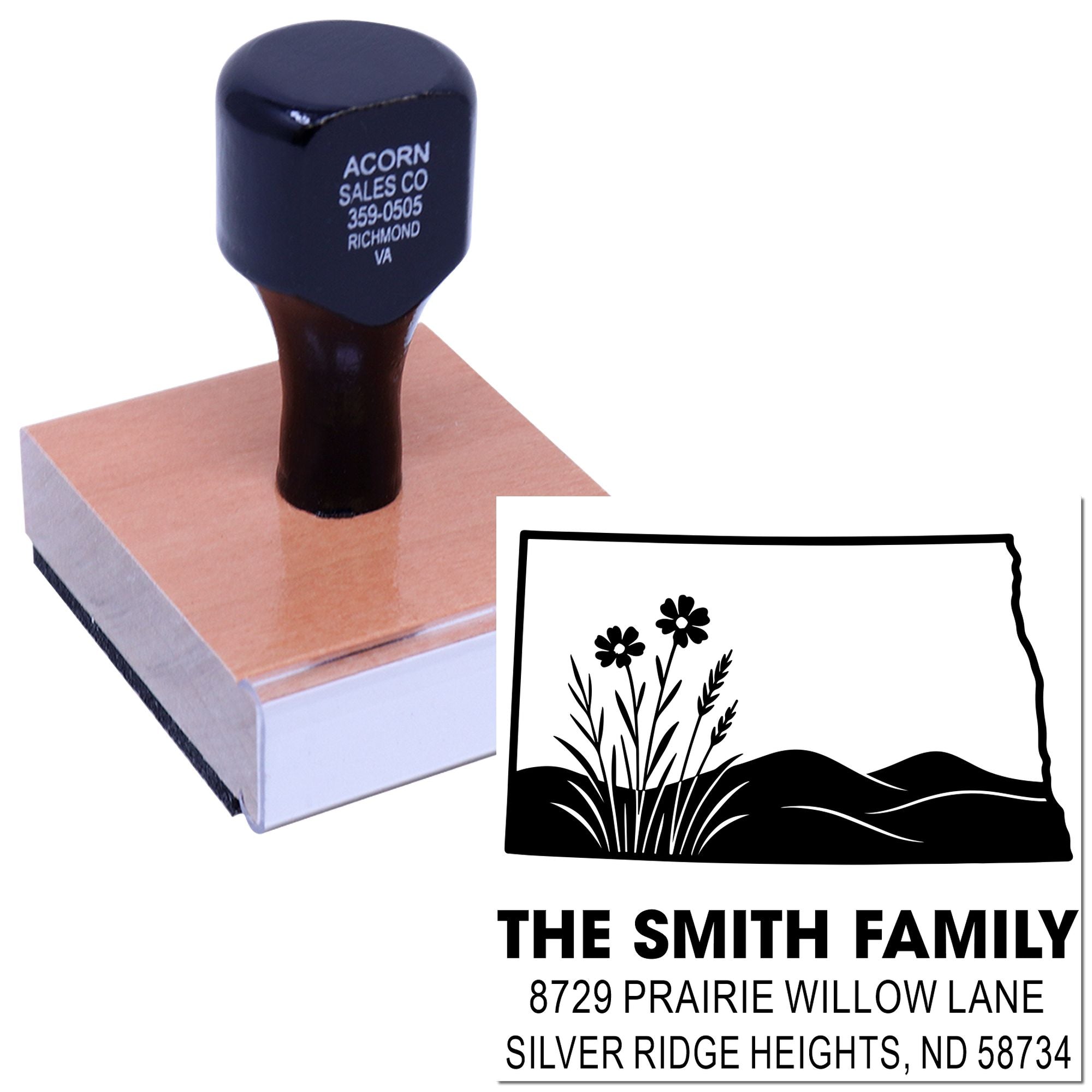 Custom rubber address stamp with floral prairie design and The Smith Family return address imprint.